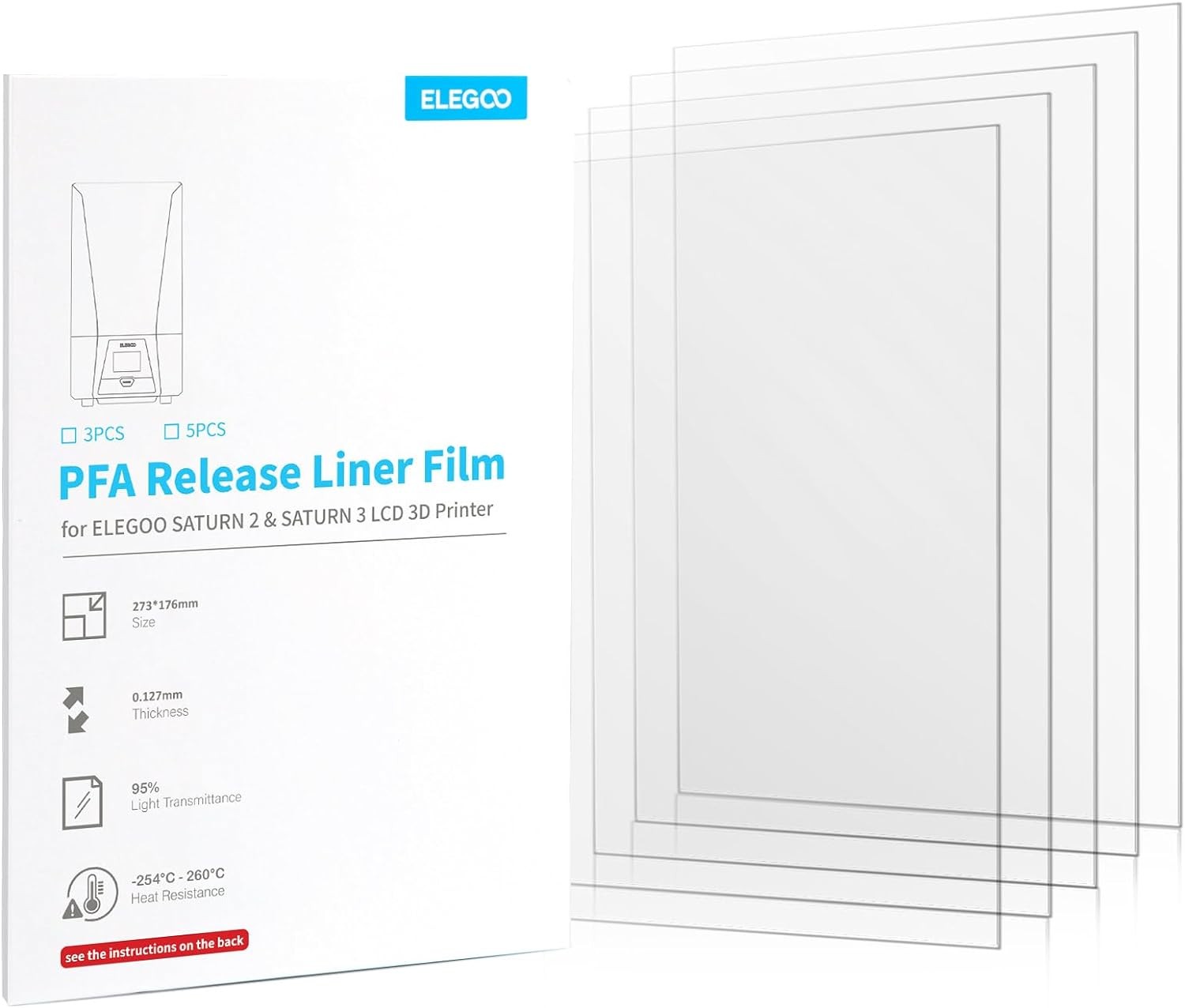 ELEGOO PFA Release Liner Film for Saturn 2 and Saturn 3 LCD 3D Printer 273 * 176Mm, 0.127Mm Thickness with Stronger Release Functionality and 95% Light Transmittance, Compatible with Saturn 8K, 5PCS