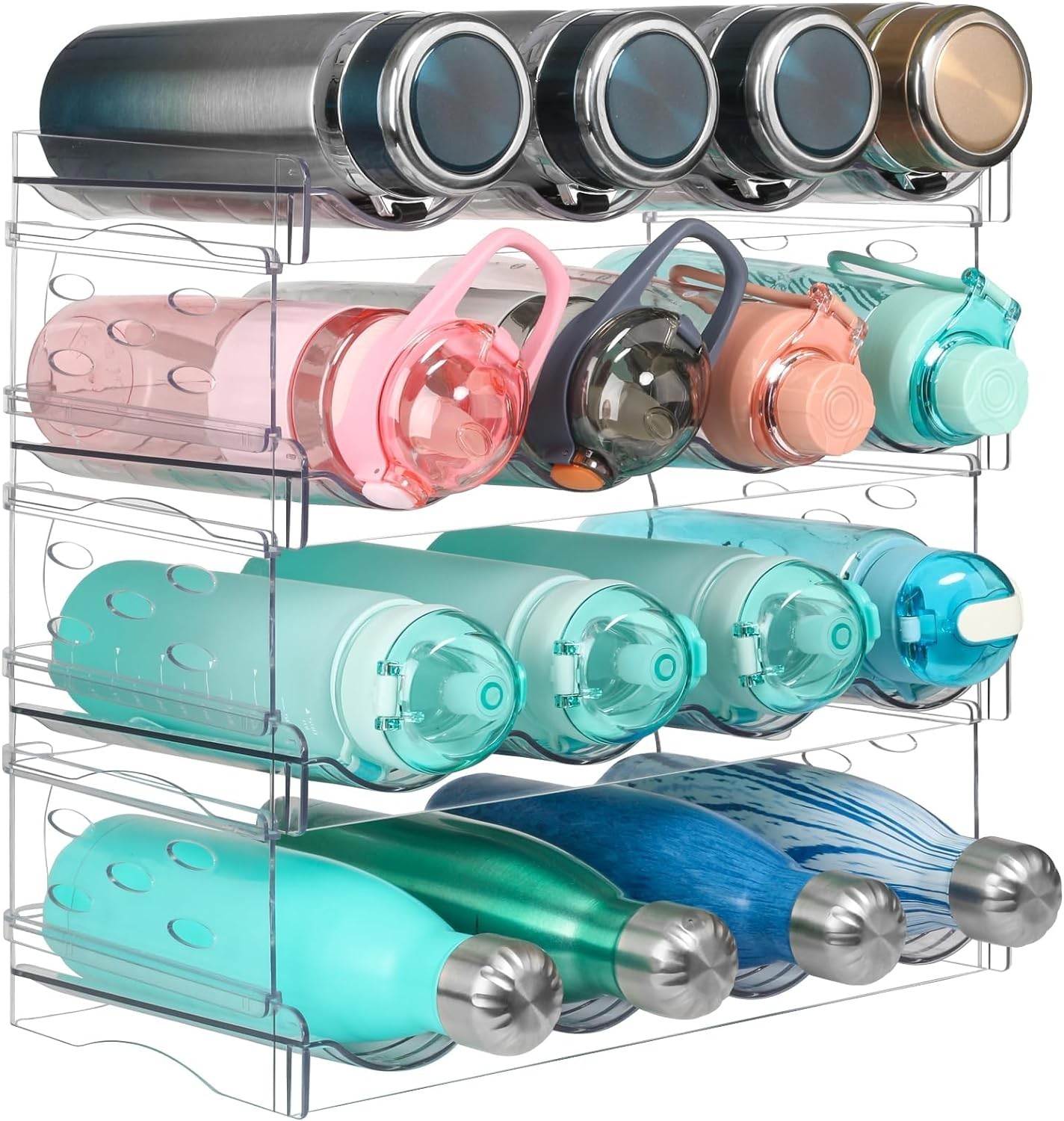 Water Bottle Storage, Stackable Water Bottle Organizer for Cabinet, Fridge Bottle Rack, Clear Plastic Free-Standing Kitchen Storage Holder