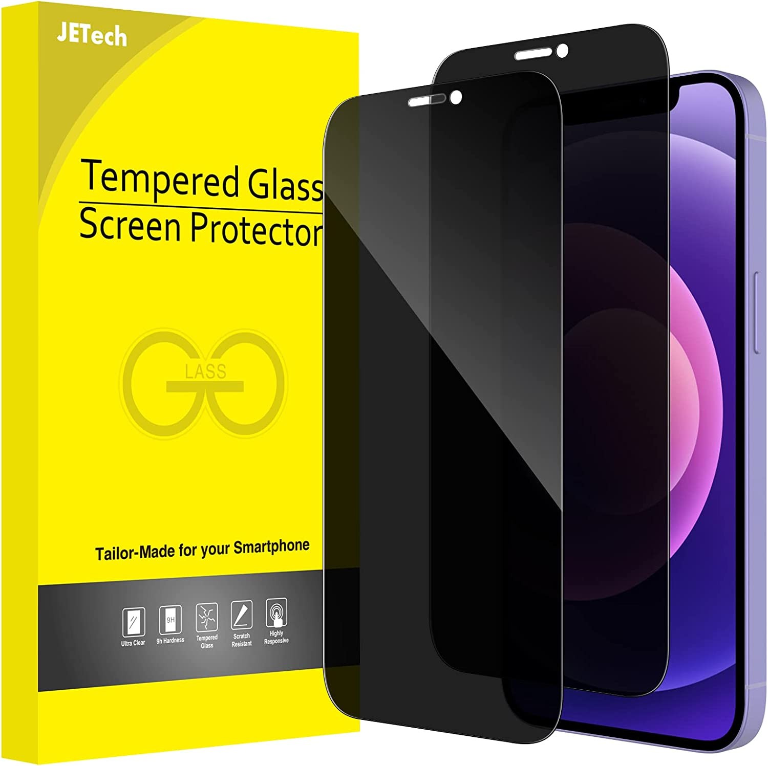 Jetech Privacy Full Coverage Screen Protector for Iphone 12/12 Pro 6.1-Inch, Anti-Spy Tempered Glass Film, Edge to Edge Protection Case-Friendly, 2-Pack