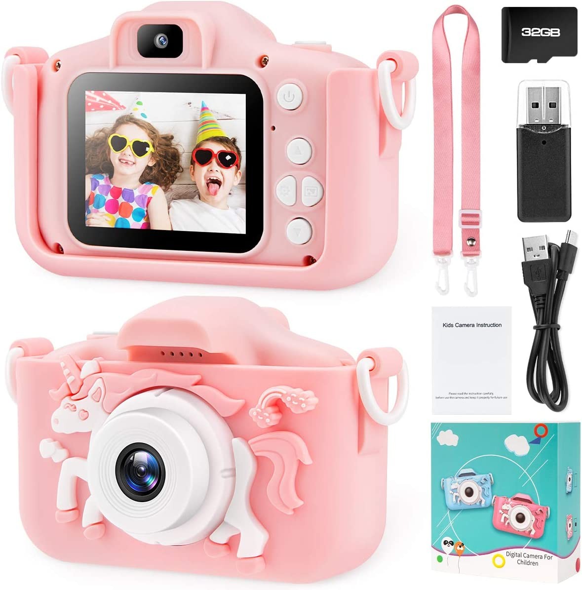 Unicorn Kids Camera for Girls Toddler – Mini Digital Camera Toys for 3 4 5 6 7 8 Year Old Children – Anti-Drop 20.0MP Selfie Dual Video Camcorder – 2.0 Inches Screen + SD Card 32GB (Pink)