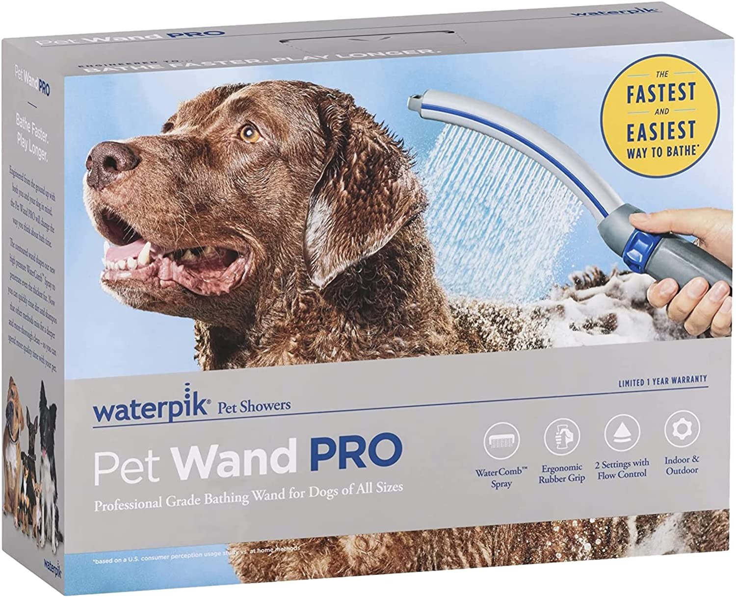 Waterpik Pet Wand PRO – 8 Foot Flexible Hose – Outdoor House Adapter – for All Dog Types – Adjustable Water Pressure – Special Contoured Shape for Dogs – One Handed Operation