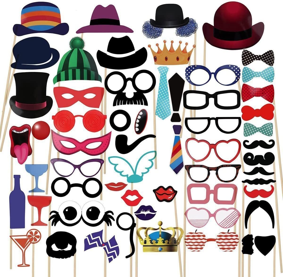 Party Photo Booth Props, 58 Pcs Funny Photo Booth Party Decorations Moustache Glasses Hats Crowns for Party Selfie Props, Memory Photo, Birthday Party