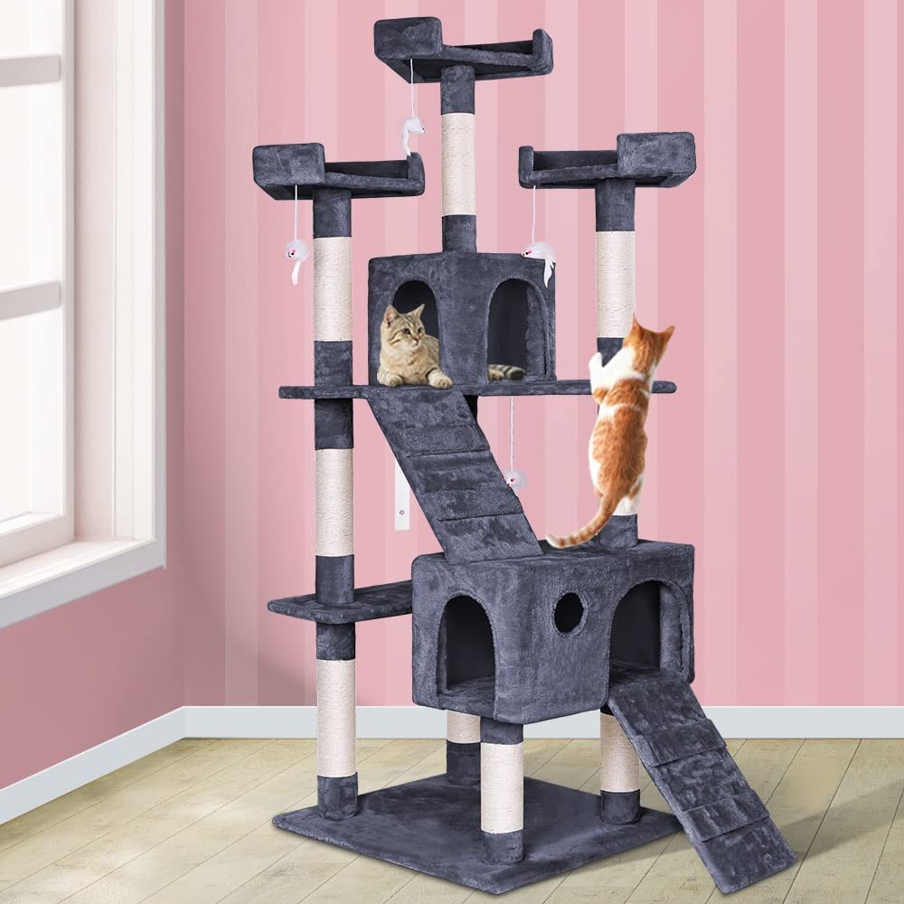 BEASTIE 180Cm Cat Tree with Mouse Toy Scratching Post Tower Condo for Large Big Cat Play Towers Trees House Furniture Wood in Grey Colour