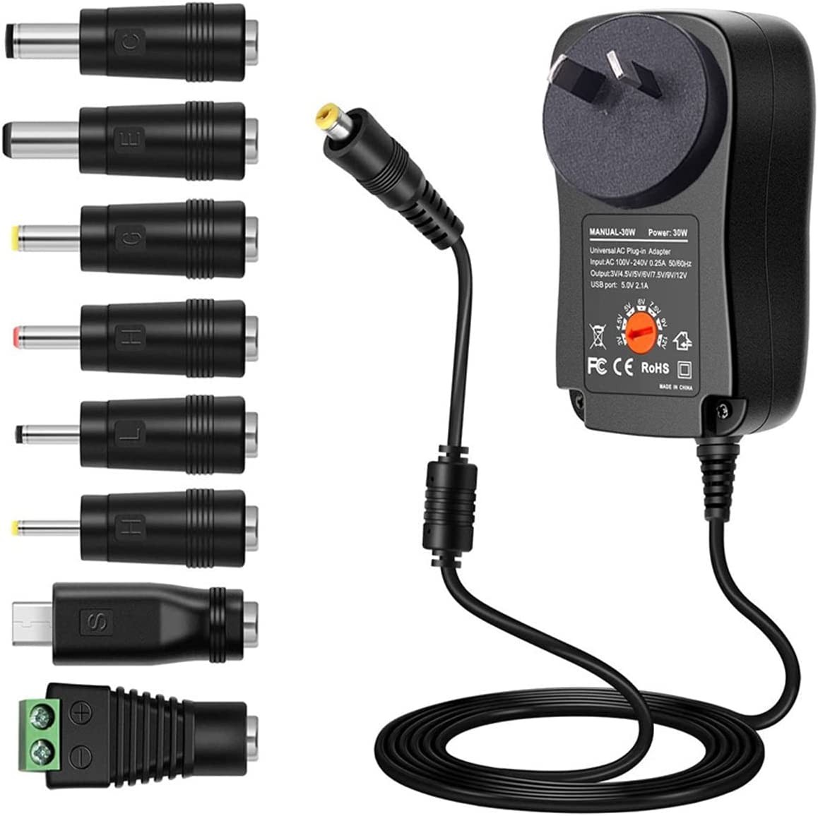 GTGUGR 2M Universal Adapter Power Supply 30W AU 2A,100-240V to 3V,4.5V,5V,6V,7.5V,9V,12V,Adjustable DC Charger Adapter for Routers,Led Lighting,Cameras,Surveillance Equipment.(8 Selectable Interfaces)