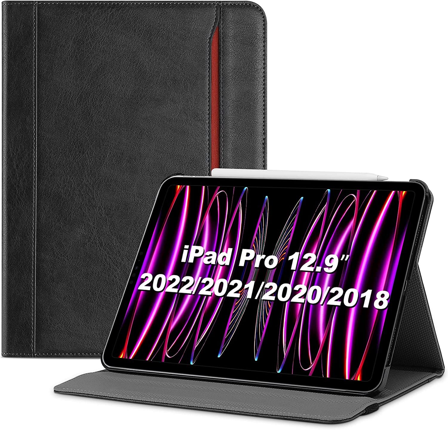 Procase Ipad Pro 12.9 Inch Case 2022 2021 2020 2018, Leather Stand Folio Protective Cover Case with Pencil Holder for Ipad Pro 12.9″ 6Th Gen 2022 / 5Th Gen 2021 / 4Th Gen 2020 / 3Rd Gen 2018 -Black