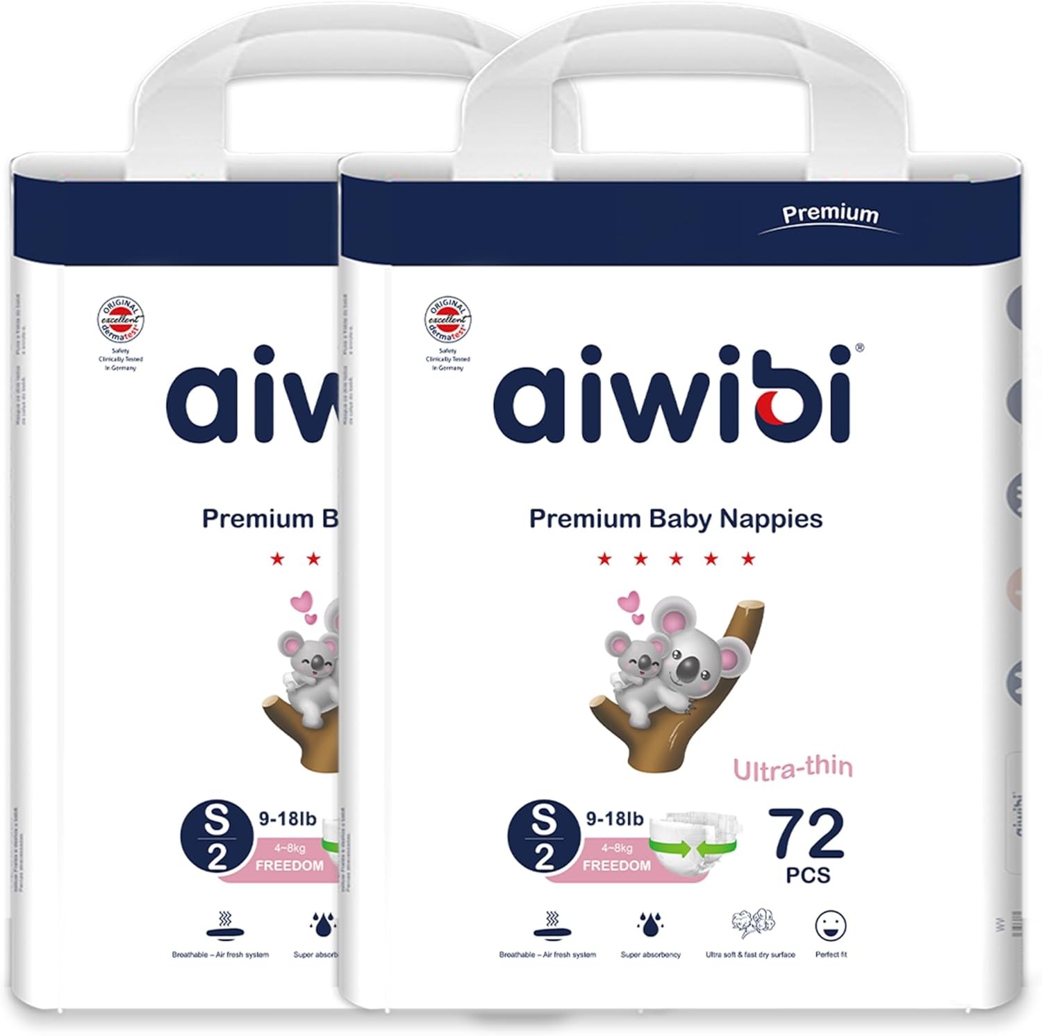 AIWIBI Baby Nappies Size 2 (4-8Kg), 144 Count, Light Feather Series Premium Nappy, Ultra-Soft and Absorption, Hypoallergenic and Leak-Proof