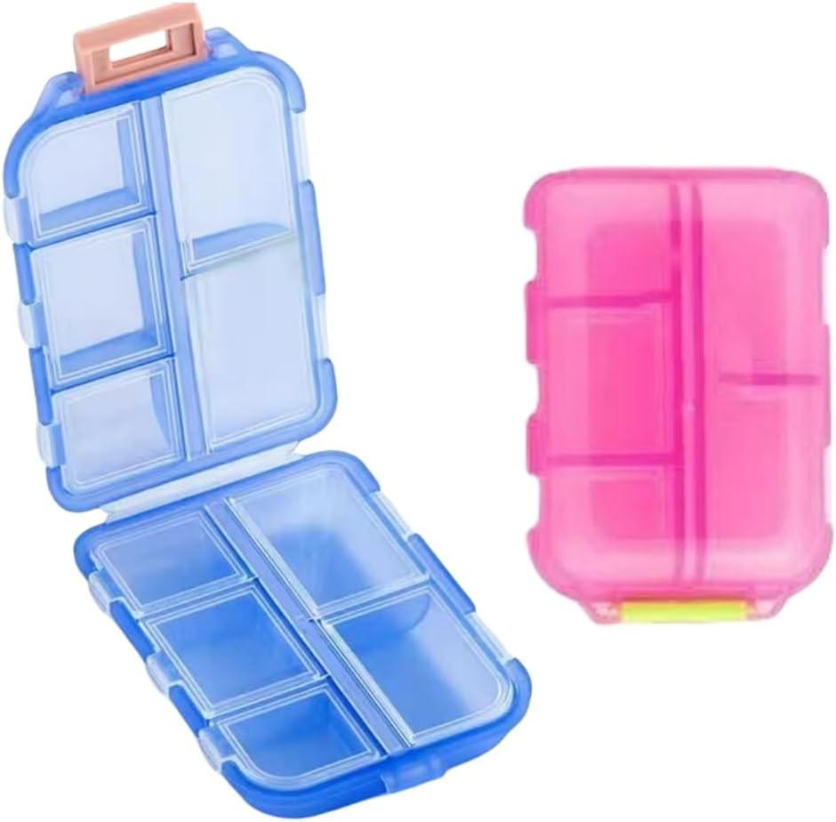 2 Portable Pill Box Organizer, Each Box Has 10 Compartments, Can Be Used for Tablets/Capsules/Vitamins/Fish Oil/Accessories, Pink and Blue