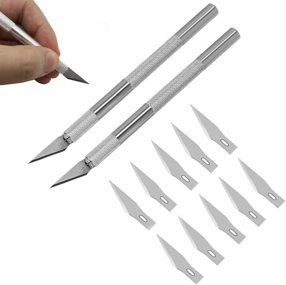 2Pack Precision Carving Craft Knife Stainless Steel Metal Knives with Safety Cap and 10Pcs Knife Blades for DIY Art Work Cutting Sculpture Carving Knife and Hobby Knife Etc.