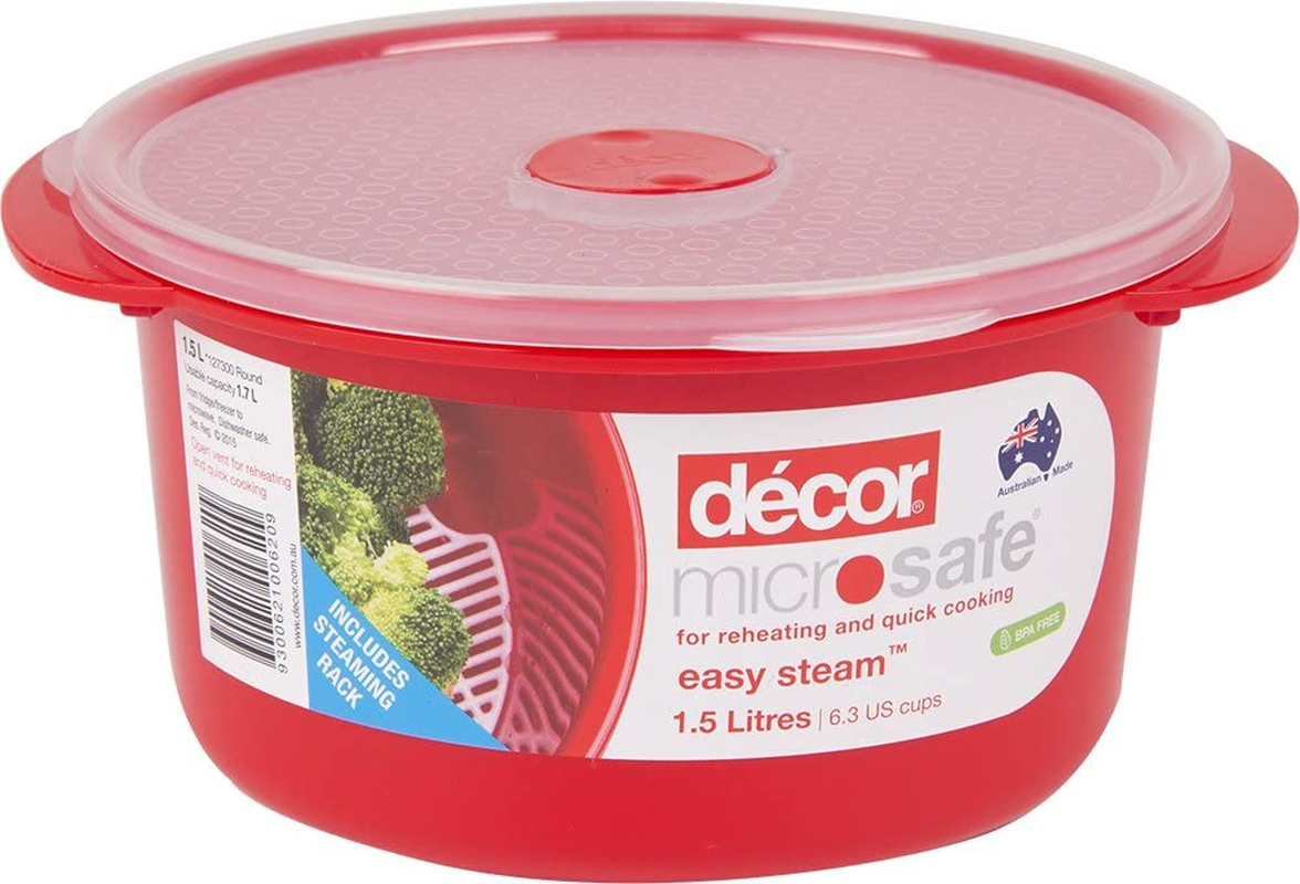 Decor Microsafe Decor round Container with Rack, 1.5 Litre Capacity, Red