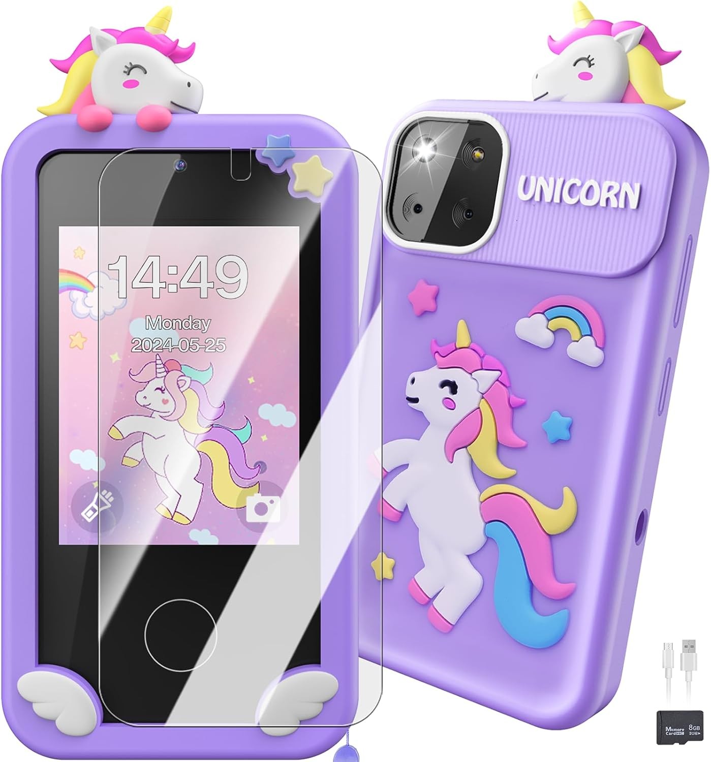 Kids Smart Phone Toys for Girls,Unicorn Gift Toys for Girls Ages 3-9 Christmas Birthday Gifts Mini Smart Phone Toys with 2.8″ Touchscreen 16 Learning Games Dual Camera Music Player, 8G SD Card Purple