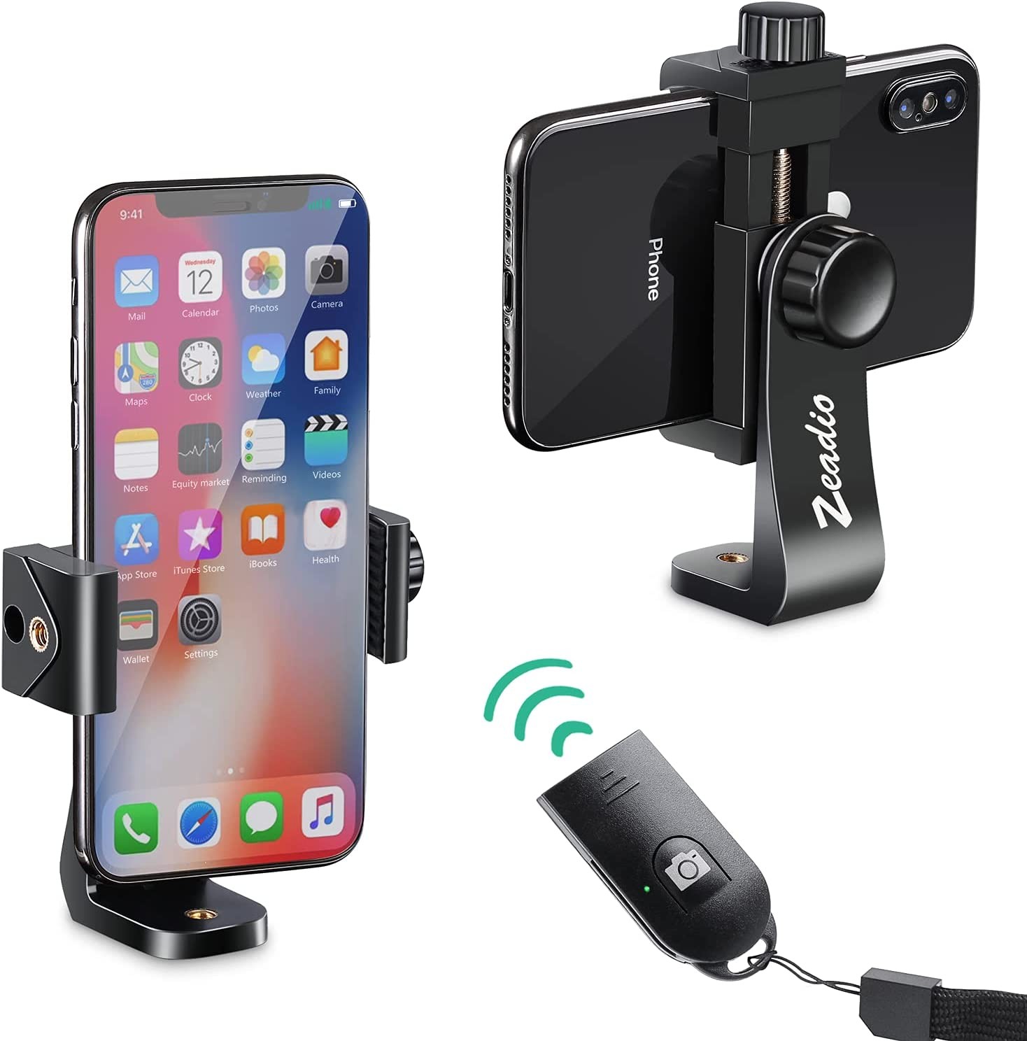 Zeadio Smartphone Tripod Holder, Cell Phone Mount Adapter, Selfie Stick Monopod Adjustable Clamp, Vertical and Horizontal Swivel Bracket, Fits Iphone, Samsung, and All Phones