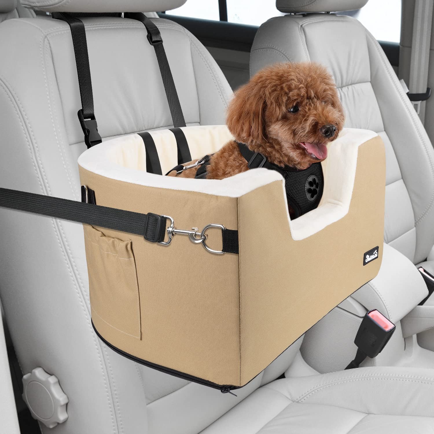 Slowton Dog Car Seat for Small Dog, Elevated Lookout Booster Seat with Cushion and Safety Belt, Cover Removable Washable, Supports Pets up to 18Lbs