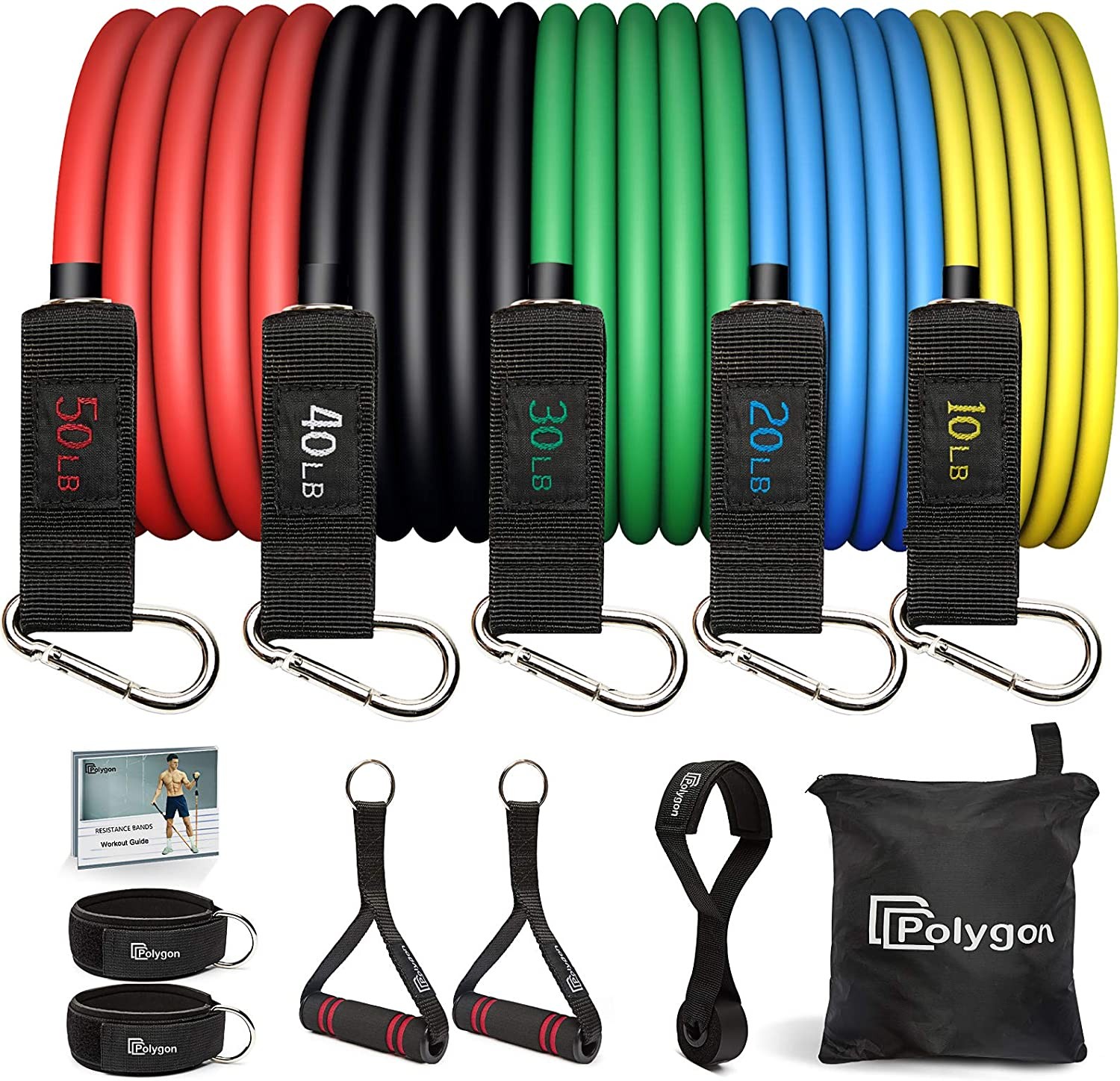 Polygon Resistance Bands Set, Exercise Tubes with Handles, Door Anchor and Ankle Straps – Stackable up to 150 Lbs – Workout Bands for Resistance Training, Physical Therapy, Home Workouts