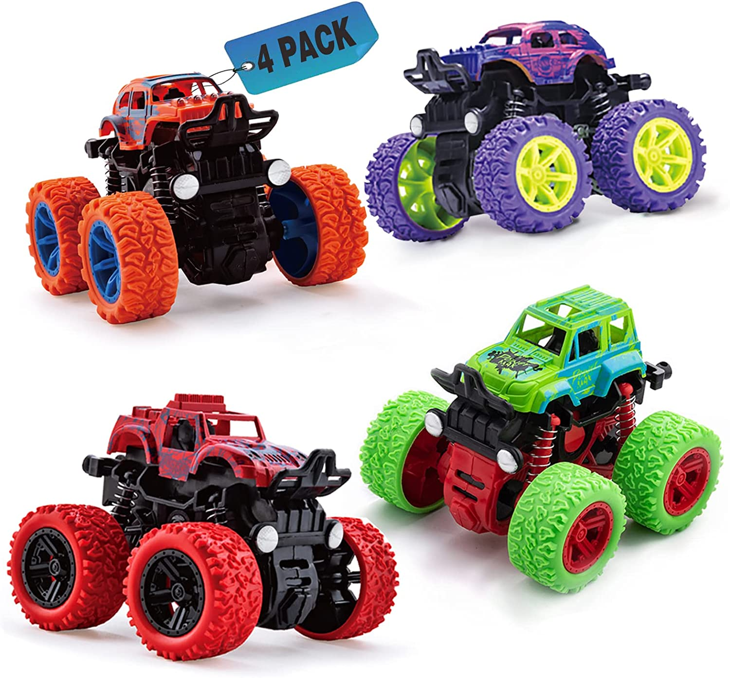 PELOSTA 4 PCS Monster Truck Toys for Boys Girls, Friction Powered Push and Go Car Toy for Kids Christmas Birthday Gifts, Inertia Vehicle Set Educational Toy for 3 4 5 6 7 8 Year Old Boy Girl (4 Color)