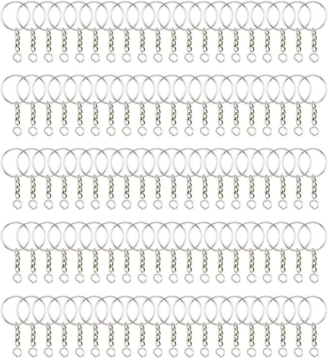 Betterjonny 100 Split Key Ring with Chain, 25Mm Keyring Blanks Split Metal Keyring with Link Chain and Open Jump Rings for Keys and Crafts