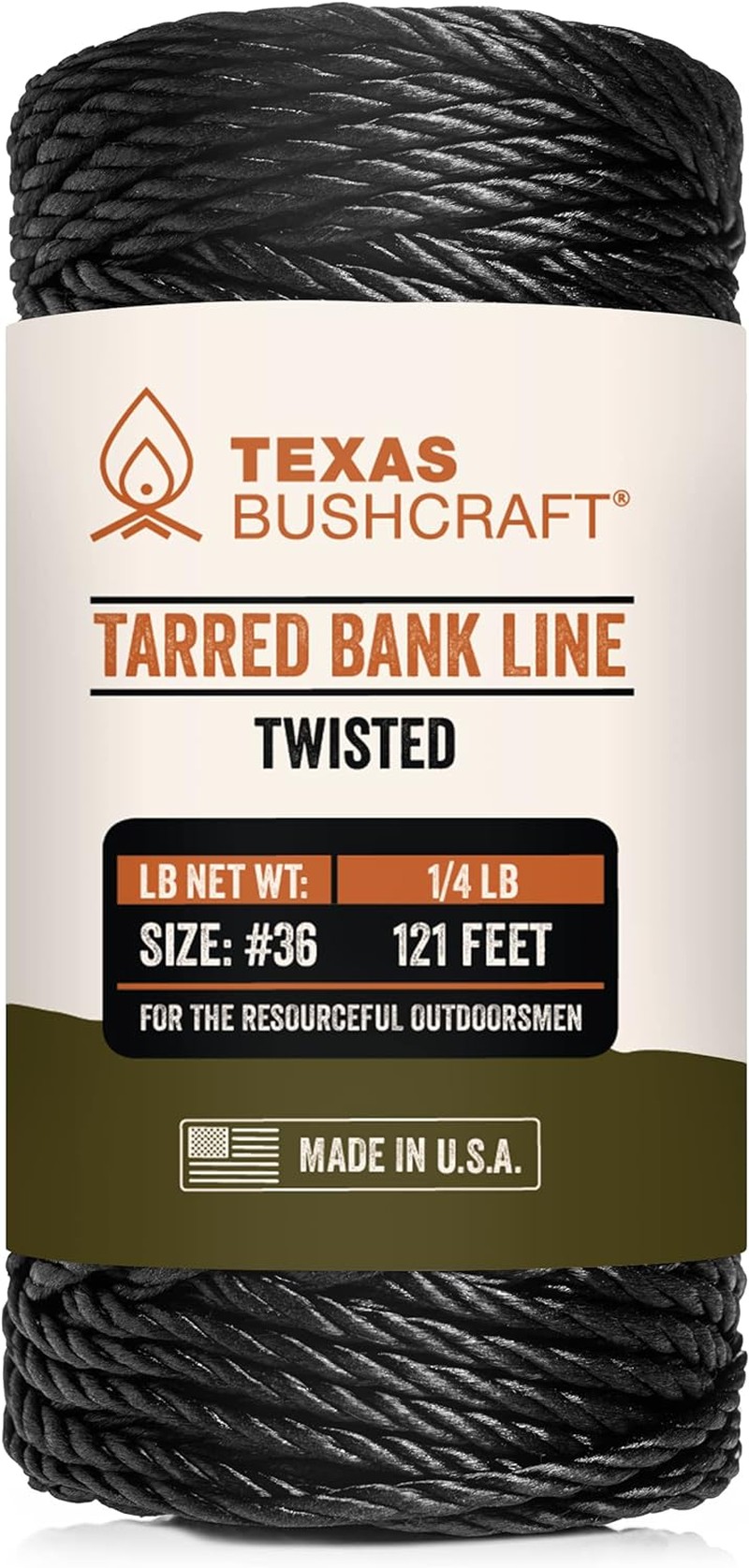 Texas Bushcraft Tarred Bank Line Twine – #36 Black Nylon String for Fishing, Camping and Outdoor Survival – Strong, Weather Resistant Bankline Cordage for Trotline (1/4 Lb, Twisted)