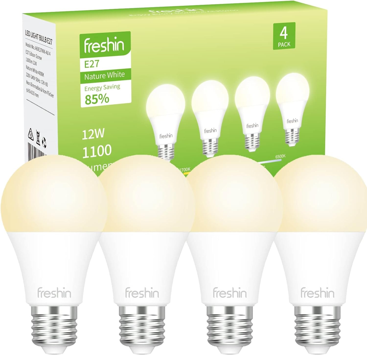 12W Light Bulb E27 FRESHIN 100 Watt Equivalent LED Bulbs 4000K Nature White A60 Light Bulbs Edison Screw 1100Lm Non-Dimmable, No Flicker, Long Lasting (4 Pack)