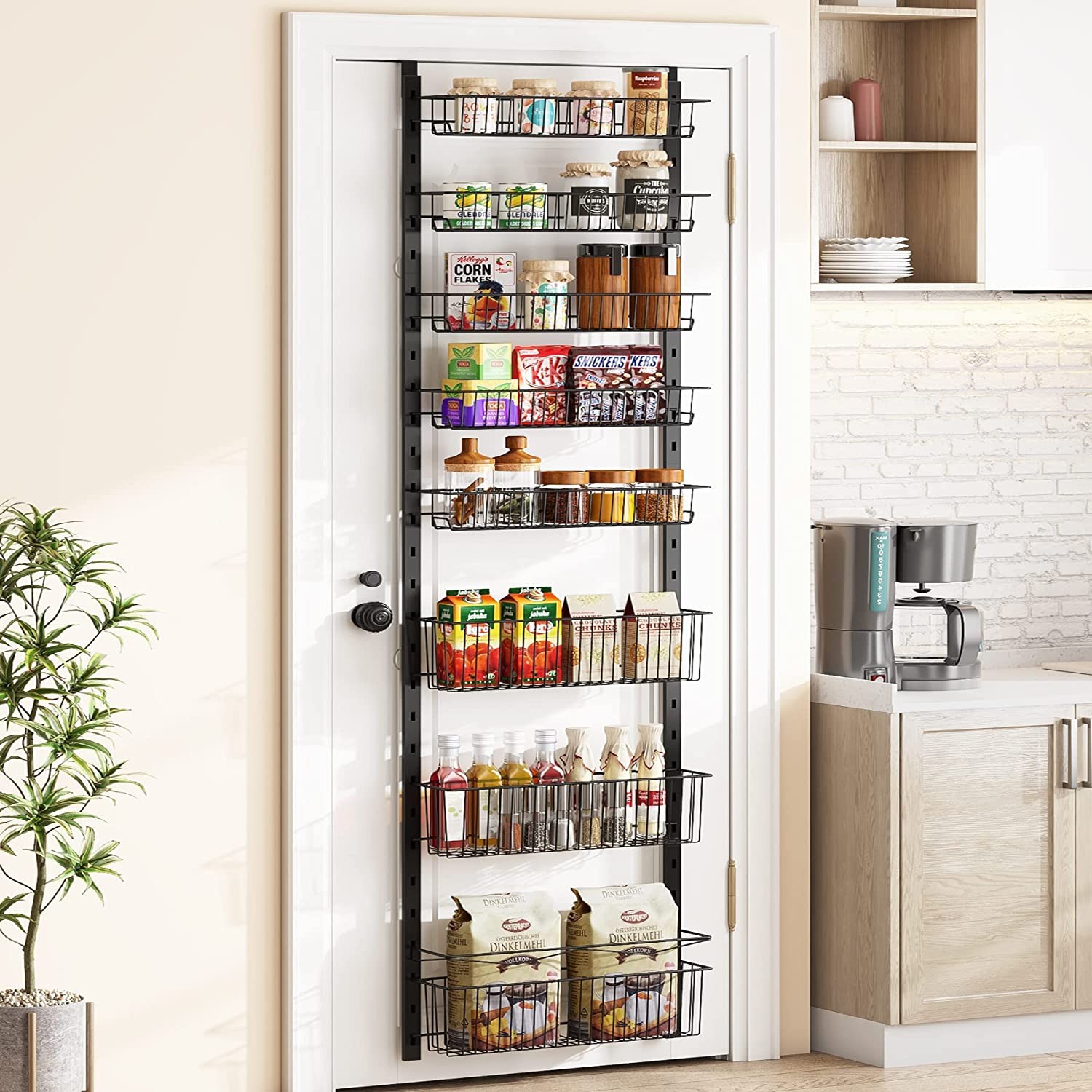 MOTYYA over the Door Pantry Organizer, 8-Tier Adjustable Baskets Pantry Organization and Storage, Metal Door Shelf with Detachable Frame, Space Saving Hanging Spice Rack for Kitchen Pantry Bathroom