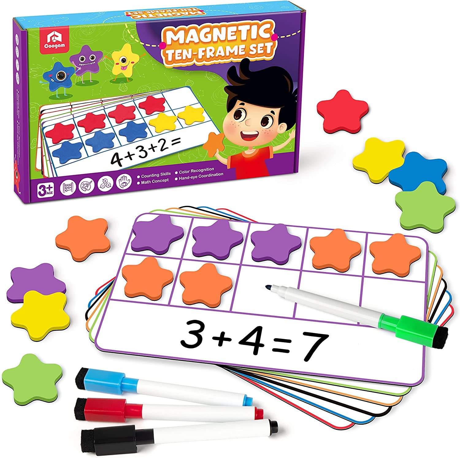 Coogam Magnetic Ten-Frame Set, Math Manipulative EVA Number Counting Games, Montessori Educational Toy for Kindergarten Classroom Kids 3 4 5 Year Old