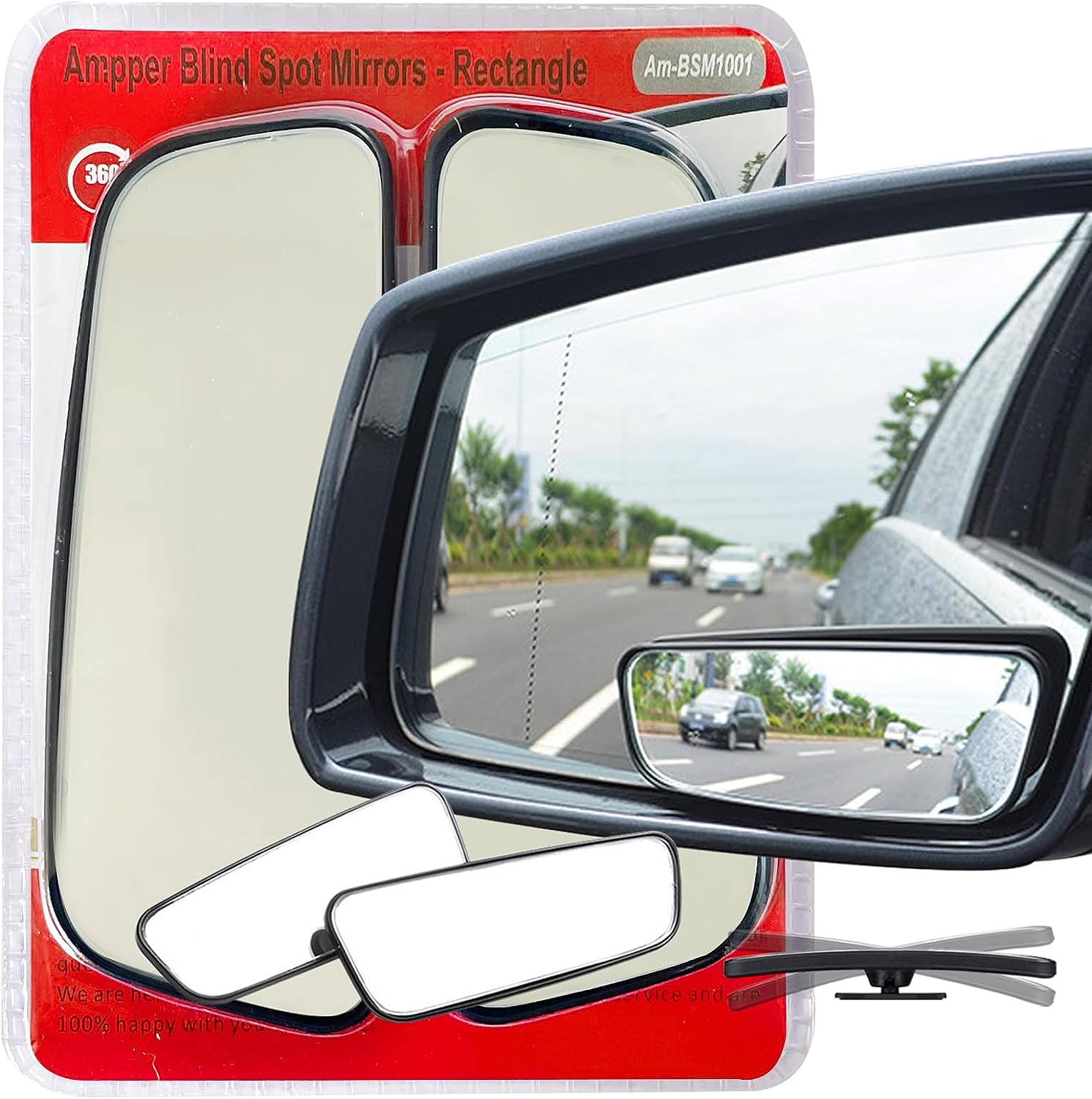 Ampper Rectangle Blind Spot Mirror, 360 Degree HD Glass and ABS Housing Convex Wide Angle Rearview Mirror for Universal Car Fit (Pack of 2)