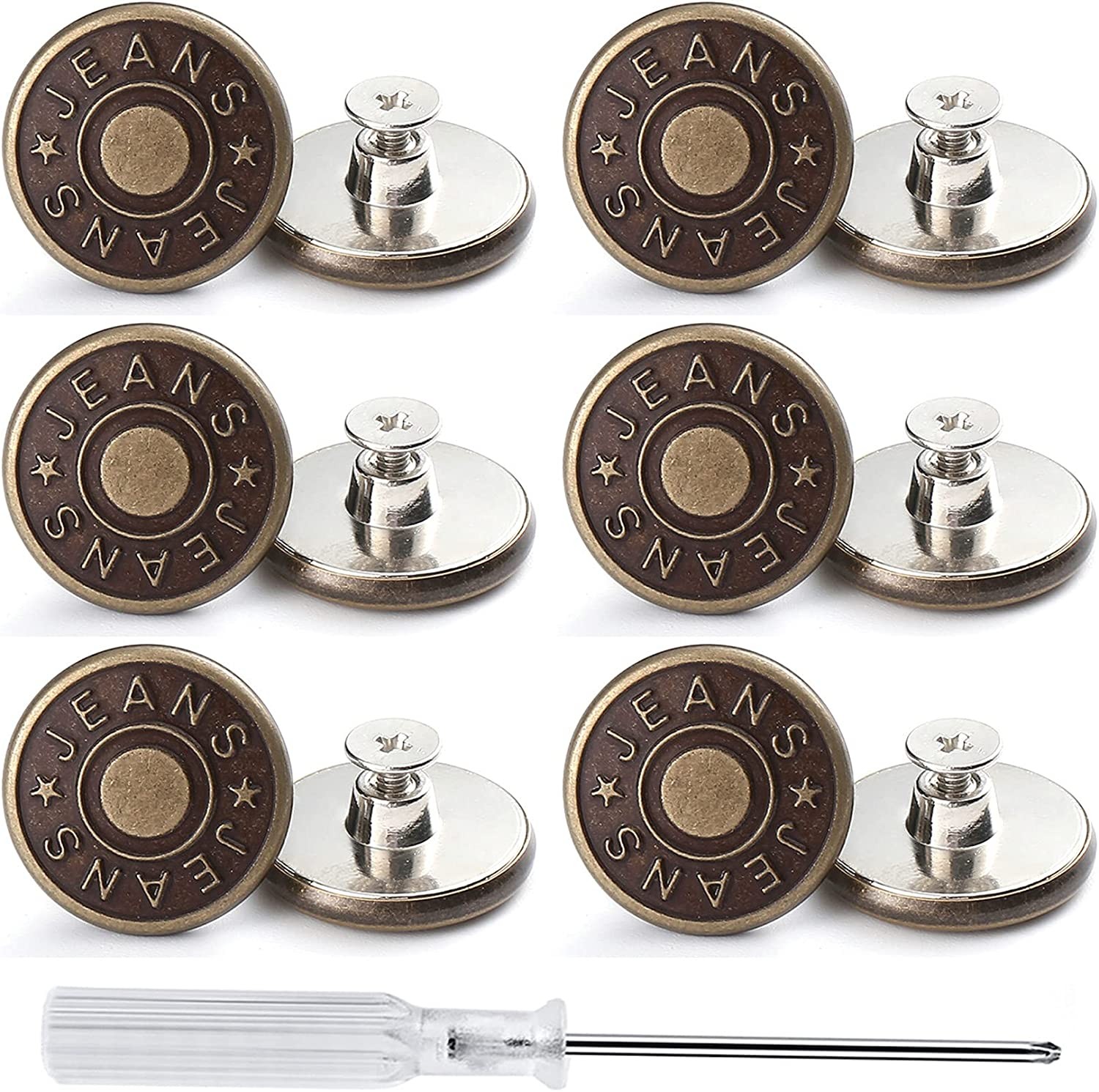 Manzella 12 Sets Adjustable Buttons for Jeans, 17Mm No Sew Instant Metal Buttons, Removable Jean Buttons Replacement Repair Kit with Threads Rivets and Screwdriver