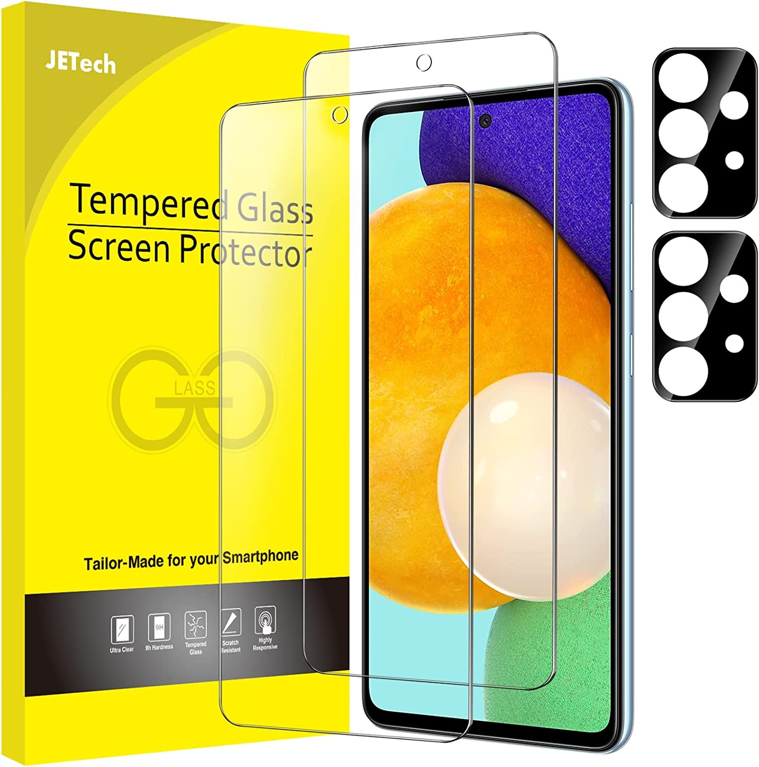 Jetech Screen Protector for Samsung Galaxy A52 / A52 5G / A52S 5G with Camera Lens Protector, Tempered Glass Film, HD Clear, 2-Pack Each