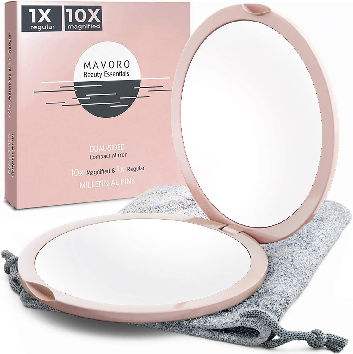 Magnifying Compact Mirror for Purses, 1X/10X Magnification – Double Sided Travel Makeup Mirror, 10 Cm Small Pocket or Purse Mirror. Distortion Free Folding Portable Compact Mirrors (Millennial Pink)