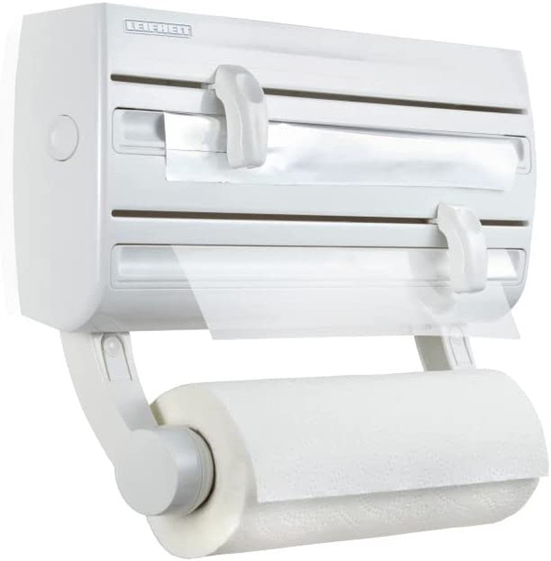 Leifheit 25771 Parat F2 Wall Mounted Roll Holder, Kitchen Roll Organiser with Integrated Brake, Storage for Spices, Aluminium Foil, Cling Film and Paper Rolls (Colour: White)