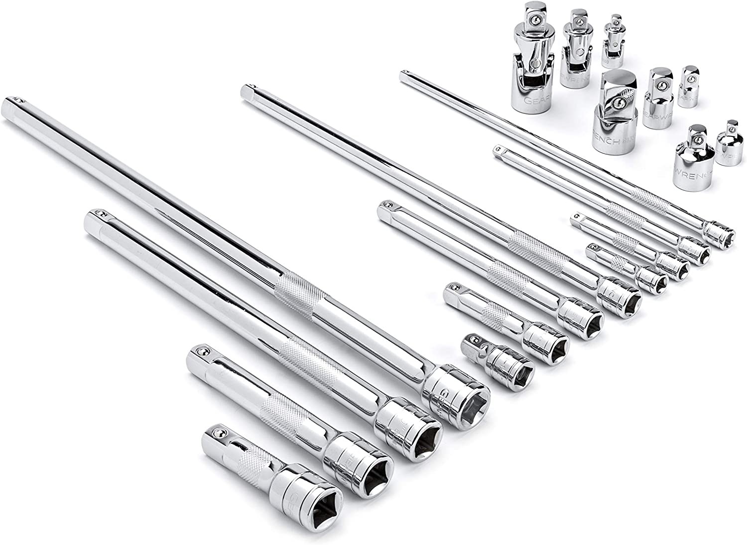 GEARWRENCH 20 Piece 1/4″, 3/8″, 1/2″ Drive Extension, Universal Joint and Adapter Set – 81315A-07