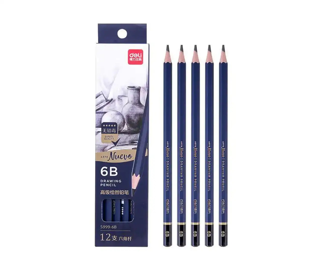 Deli S999 6B Graphite Safety Quality Drawing Sketching Writing Pencil Set 12Pcs