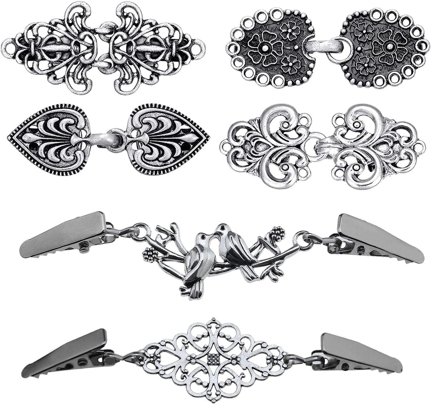 6 Pairs Vintage Cardigan Clips Antique Silver Tone Cloak Clasp Fasteners Brooch Clips for Shawl Collar Dress Shirt Scarf Sweater Clothing Decoration Accessories