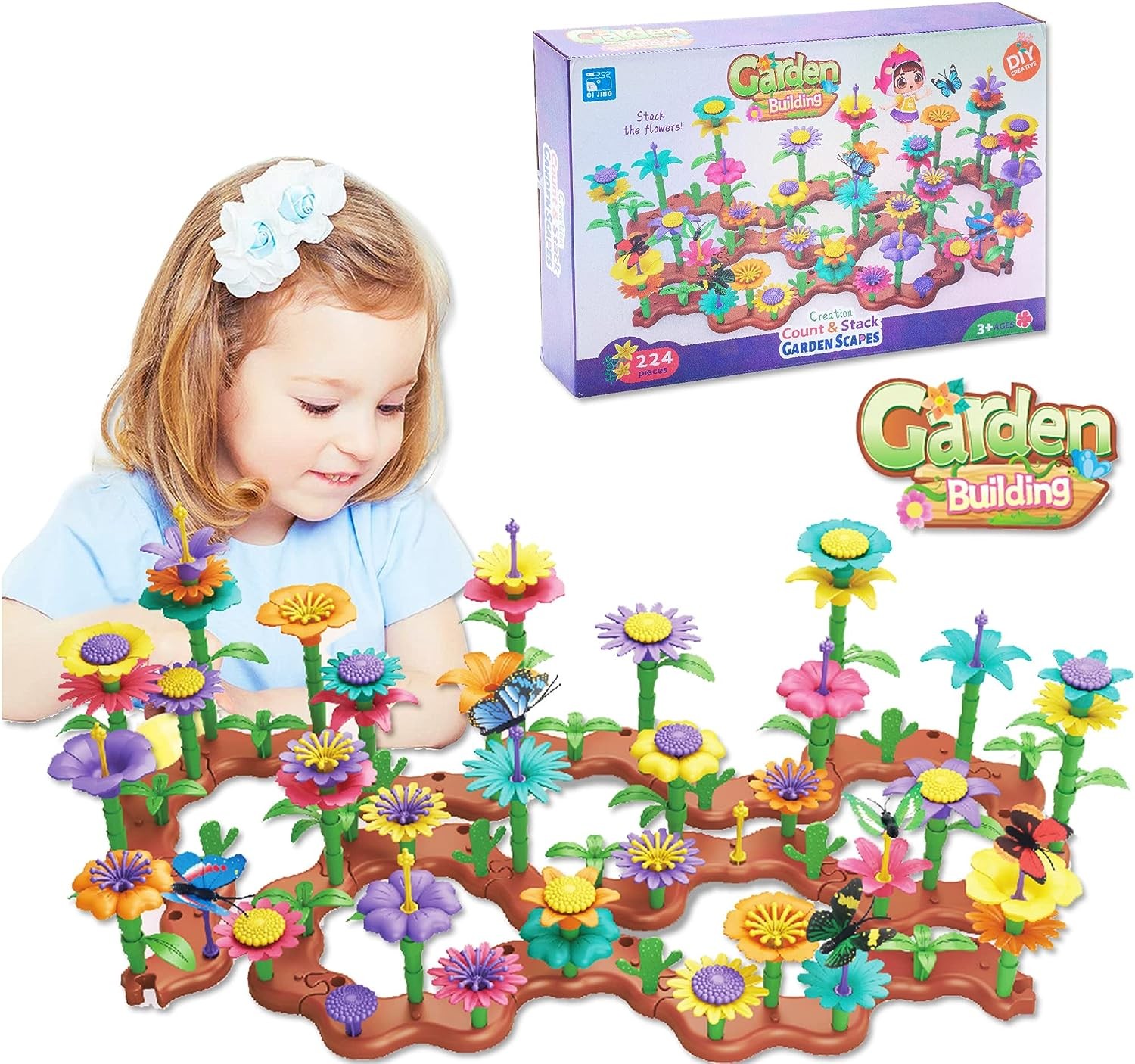 GIGIPIG Flower Garden Building Toys for Girls Age 3, 4, 5, 6 Year Old, STEM Toy Gardening Pretend Toys for Kids, Stacking Game for Toddlers Play Set, Educational Activity for Preschool (224 PCS)