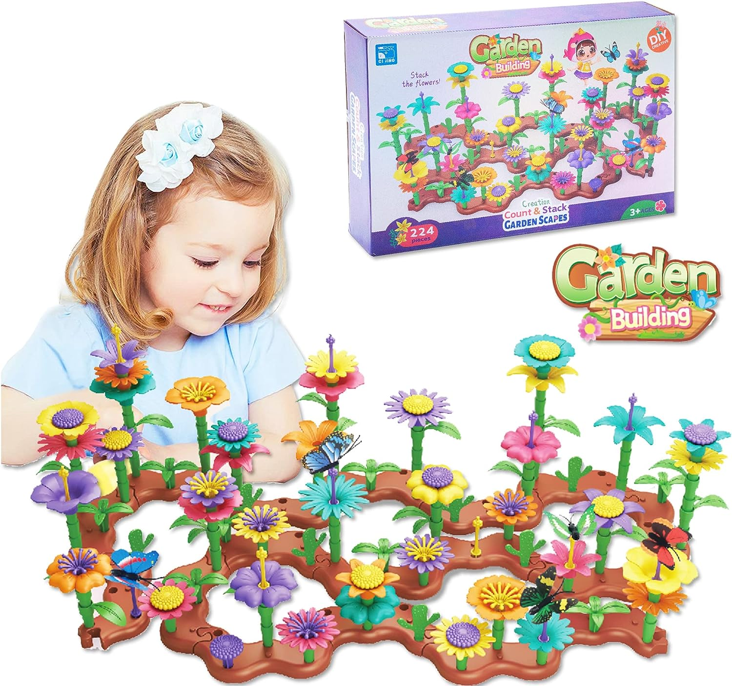 GIGIPIG Flower Garden Building Toys for Girls Age 3, 4, 5, 6 Year Old, STEM Toy Gardening Pretend Toys for Kids, Stacking Game for Toddlers Play Set, Educational Activity for Preschool (224 PCS)