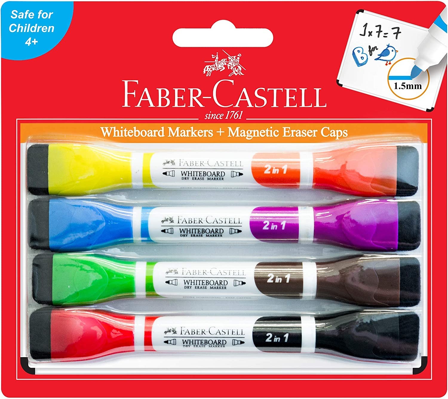 Faber-Castell Dry-Erasable Bi-Colour Magnetic Whiteboard Markers, Assorted – Blister Pack of 4, (67-010040)