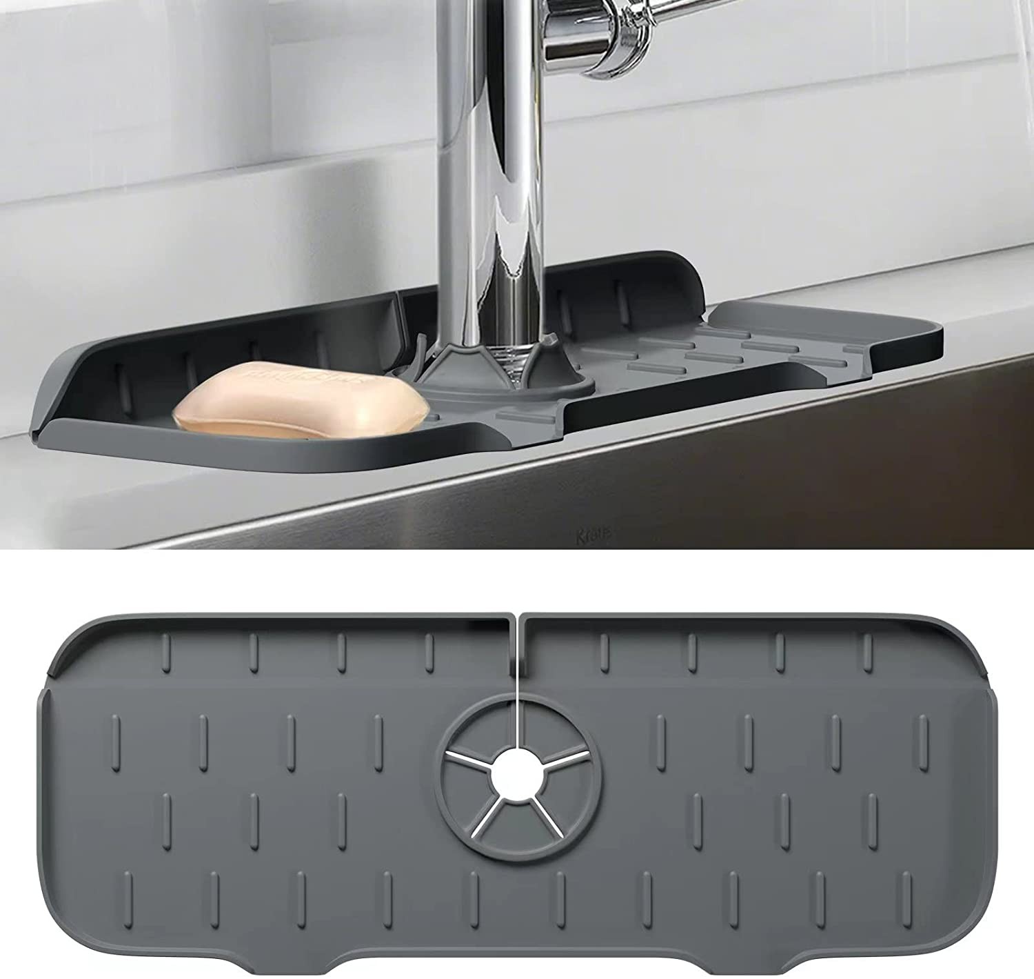 Kitchen Sink Splash Guard Mat – Silicone Sink Water Splash Catcher Pad behind Faucet for Kitchen, Bathroom, Sink Draining Dish Drying Mat Countertop Splash Protector & Storage (Dark Grey)