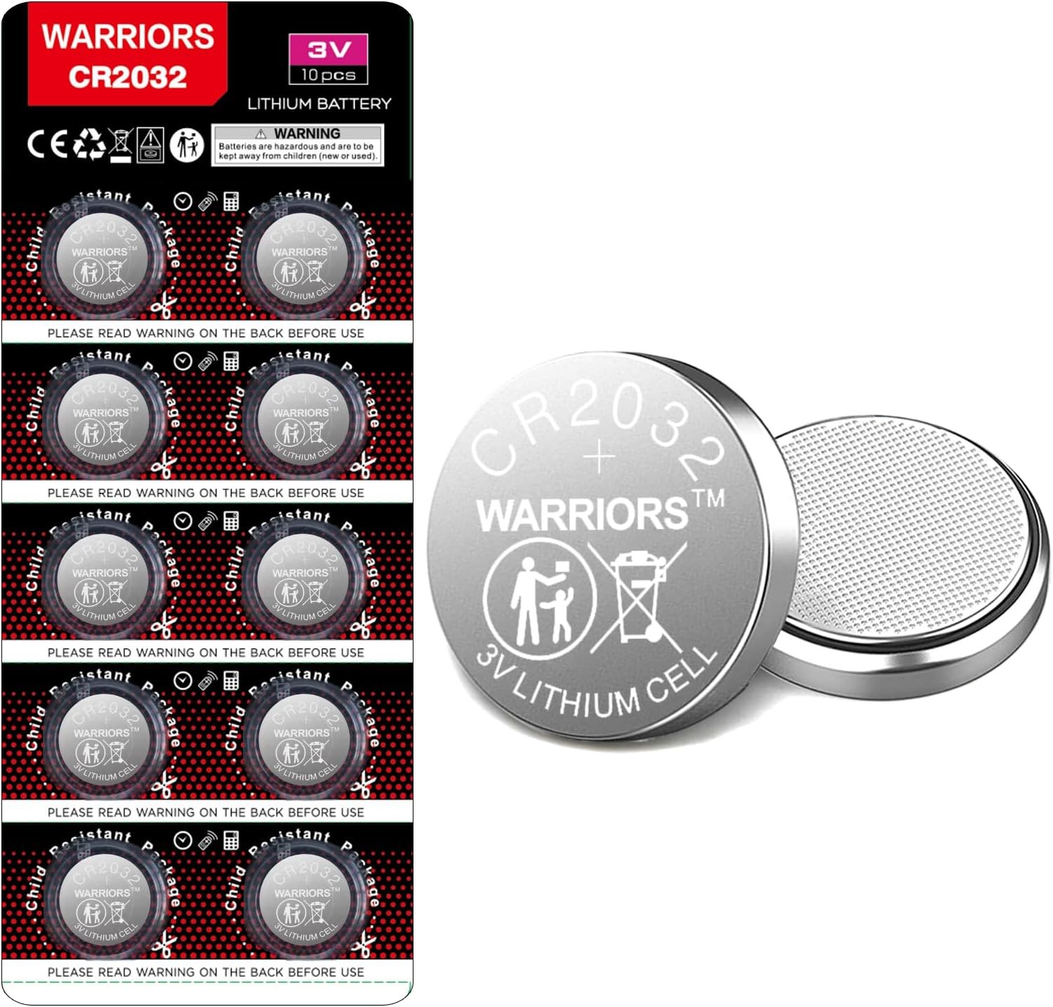 Warriors 2032 CR2032 Coin Button Cell 3V 3 Volt Lithium Batteries 10X Retail Pack Compliant with Coin Battery Safety Standards 2020…