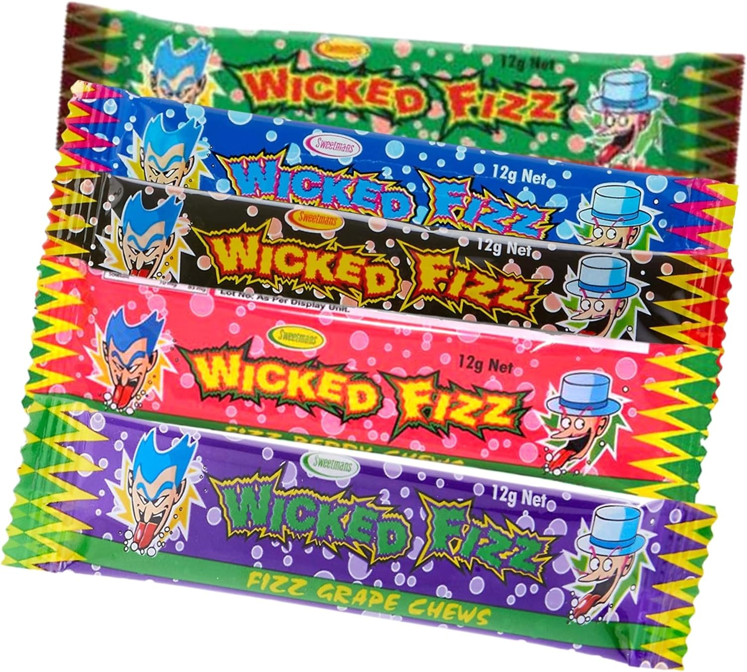 Wicked Fizz Assorted Flavours 60 Bars Bulk Pack – Individually Wrapped – Cola Grape Berry Watermelon Blue Raspberry – Value Pack