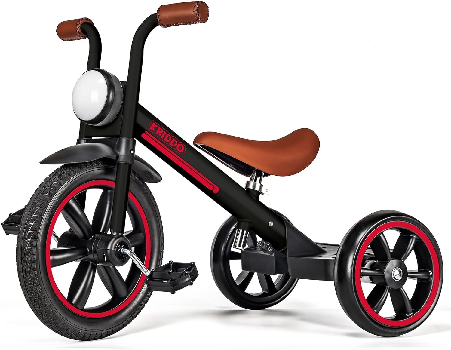 KRIDDO Kids Tricycles Age 2 Years to 5 Years, 12 Inch Puncture Free Rubber Wheel W Front Light, Adjustable Seat Height, Gift Toddler Tricycles for 2-5 Year Olds, Trikes for Toddlers, Black