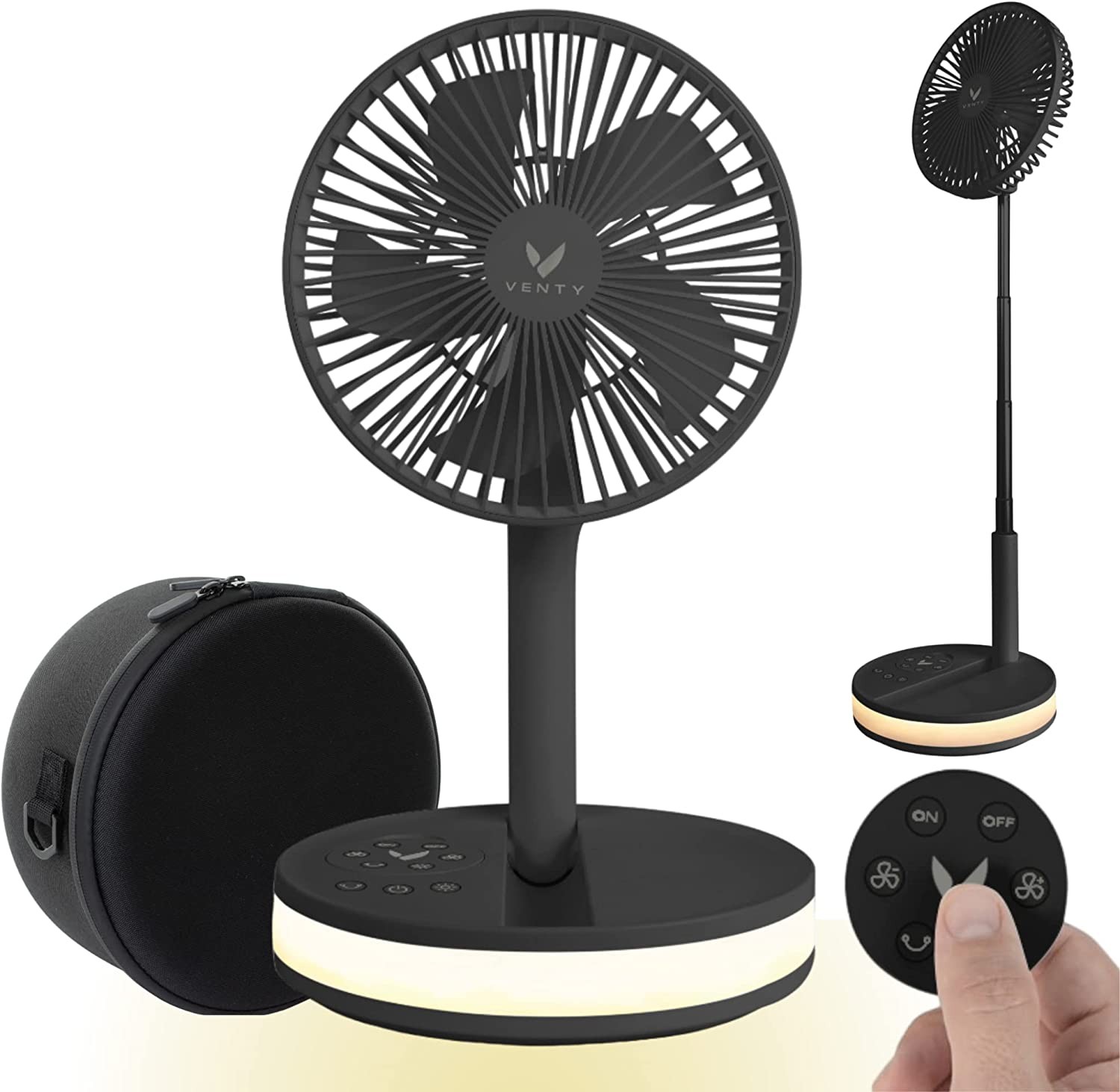 VENTY Original Portable Fan – Wireless Battery Operated Fan with 4 Speeds, Remote Control, Oscillation, & LED Lighting, Travel Rechargeable Fan & Power Bank USB-C Ports, Camping Fan (Black with Case)