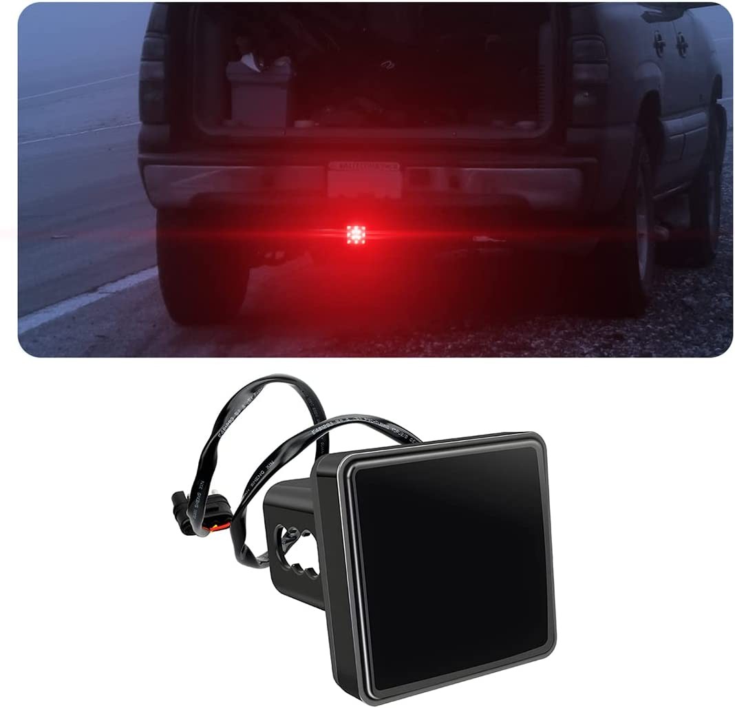 AICEL 15 LED Red Lens Brake Light Trailer Hitch Cover, Universal Fit 2″ Receiver, Super Bright Smoked Lens Square Tail Light, Car Exterior Accessories for Towing Truck SUV RV (Smoked Lens Red Light)