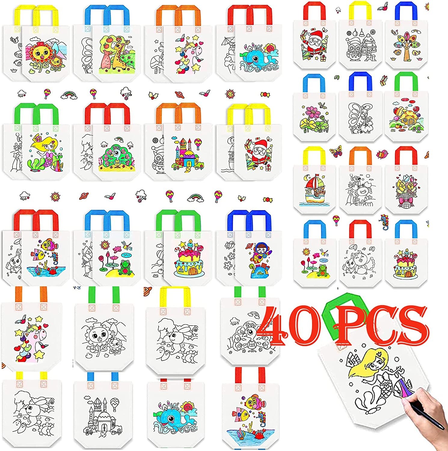 41 Pack Graffiti Goodie Bags for Kids Birthday Party Favors Art Class- Color Your Own Tote Bag,Eco Reusable Coloring Carnival Animal Art Party Goodie Bags(10 Random Themes)