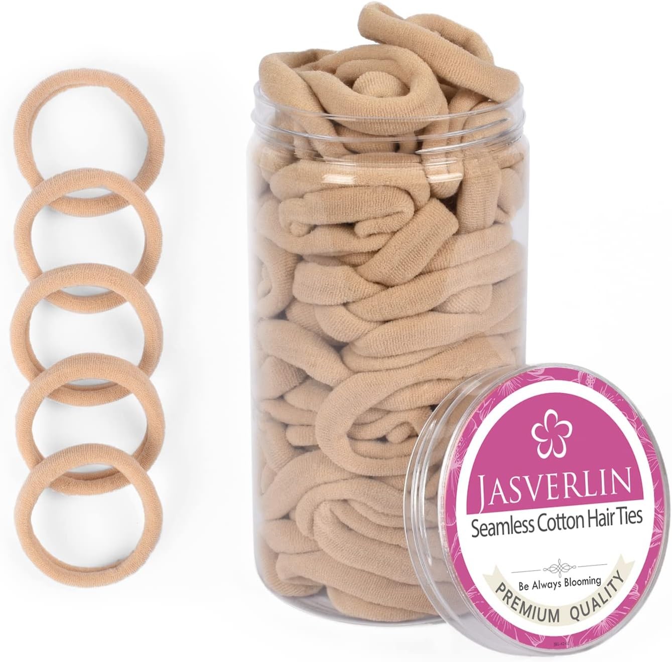 JASVERLIN 100Pcs Light Blonde Hair Ties Ponytail Holders, Seamless Cotton Fabric Hairties No Damage Hair Bands, Soft & Stretchy Hairties for Thick Curly Thin Hair 1.5 Inch (Light Blonde)