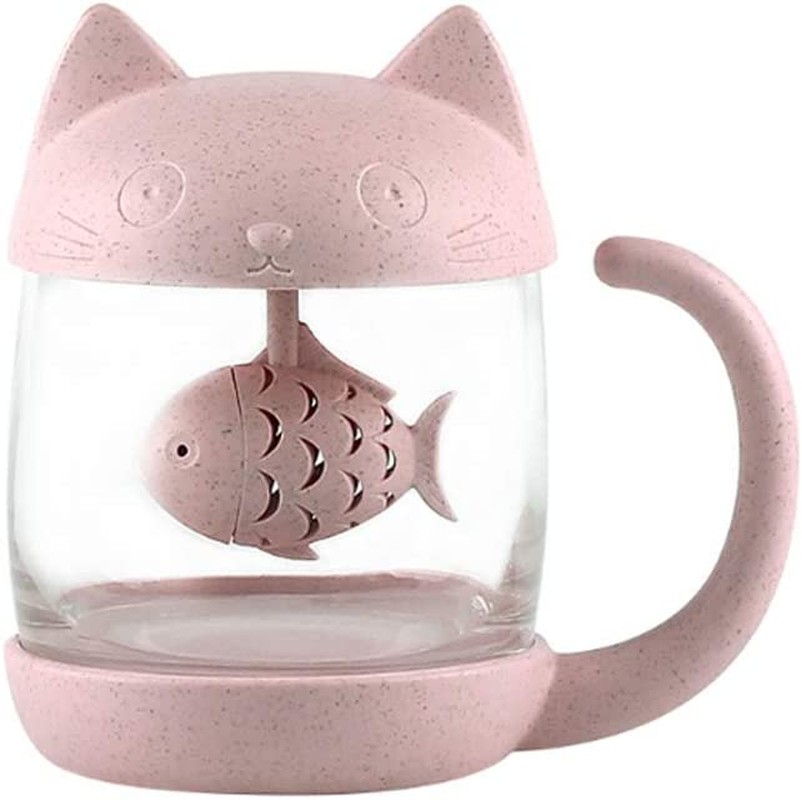 Cat Glass Tea Mug Water Bottle-With Fish Tea Infuser Strainer Filter 250ML（8OZ） (Pink)