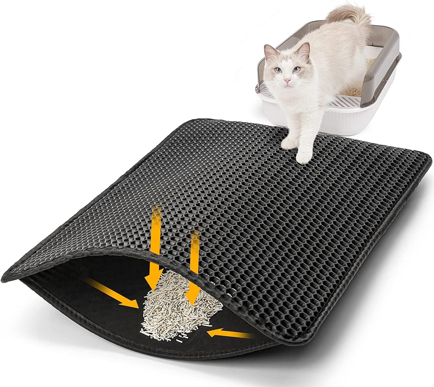 Cat Litter Mat Kitty Large 60 X 90Cm Litter Trapping Mat Honeycomb Double Layer Design, Urine and Water Proof Material, Scatter Control, Less Waste，Easier to Clean,Washable(Black)