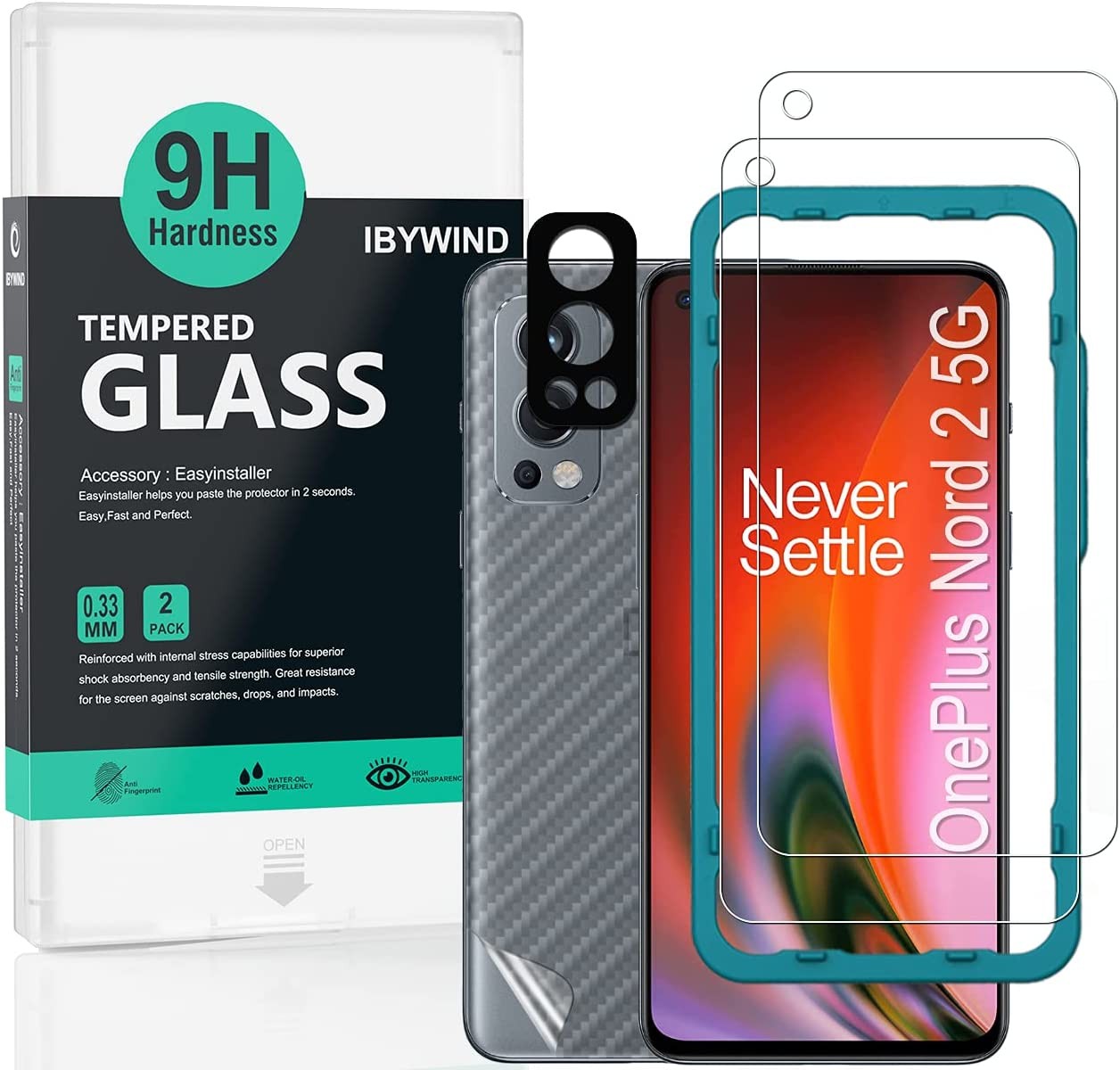 Ibywind Screen Protector for Oneplus Nord 2 5G, [Pack of 2] with Camera Lens Protector (Metal Material),Back Carbon Fiber Skin Protector,Including Easy Install Kit