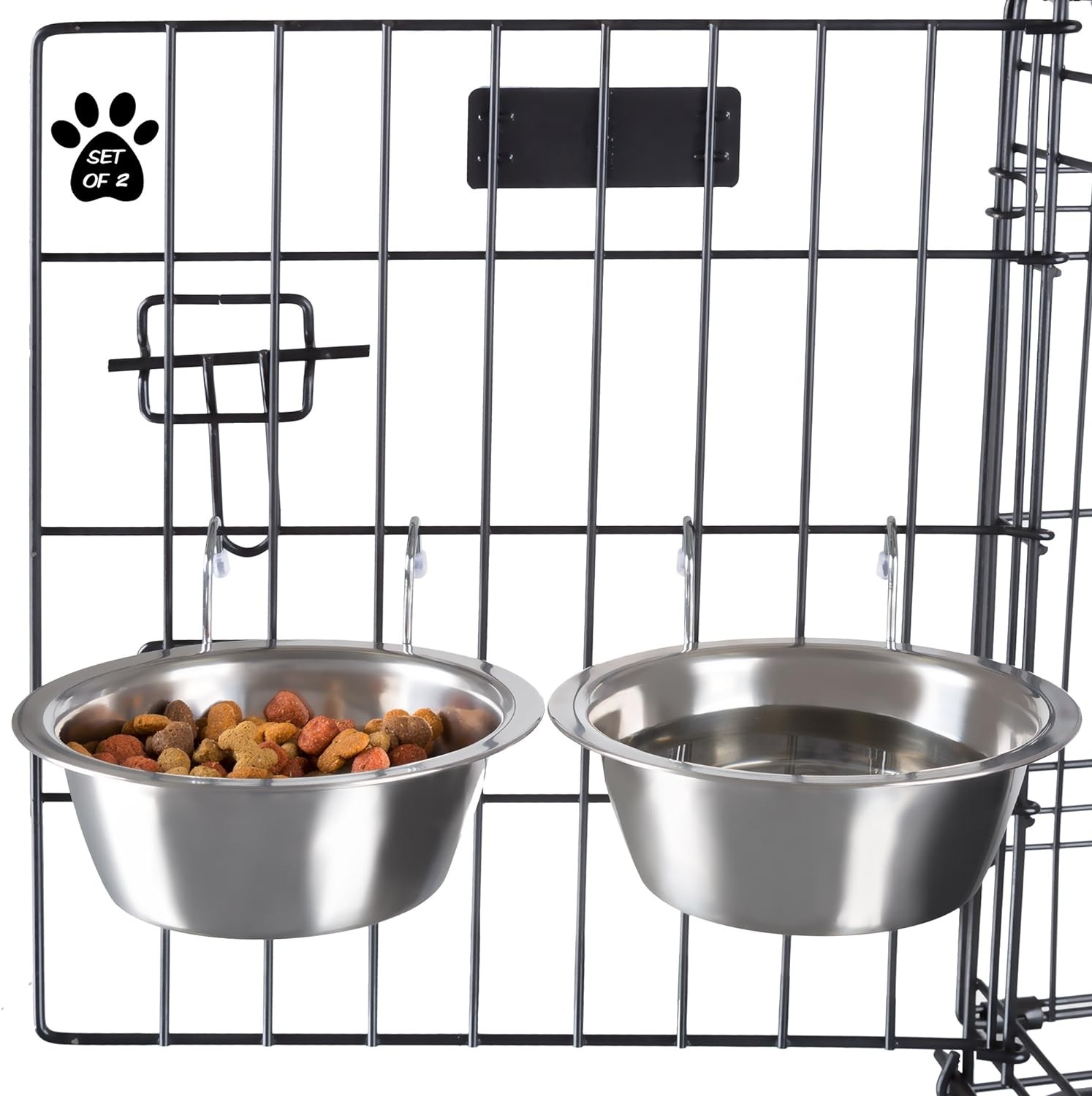 Set of 2 Stainless-Steel Dog Bowls – Cage, Kennel, and Crate Hanging Pet Bowls for Food and Water – 20Oz Each and Dishwasher Safe by Petmaker,Silver