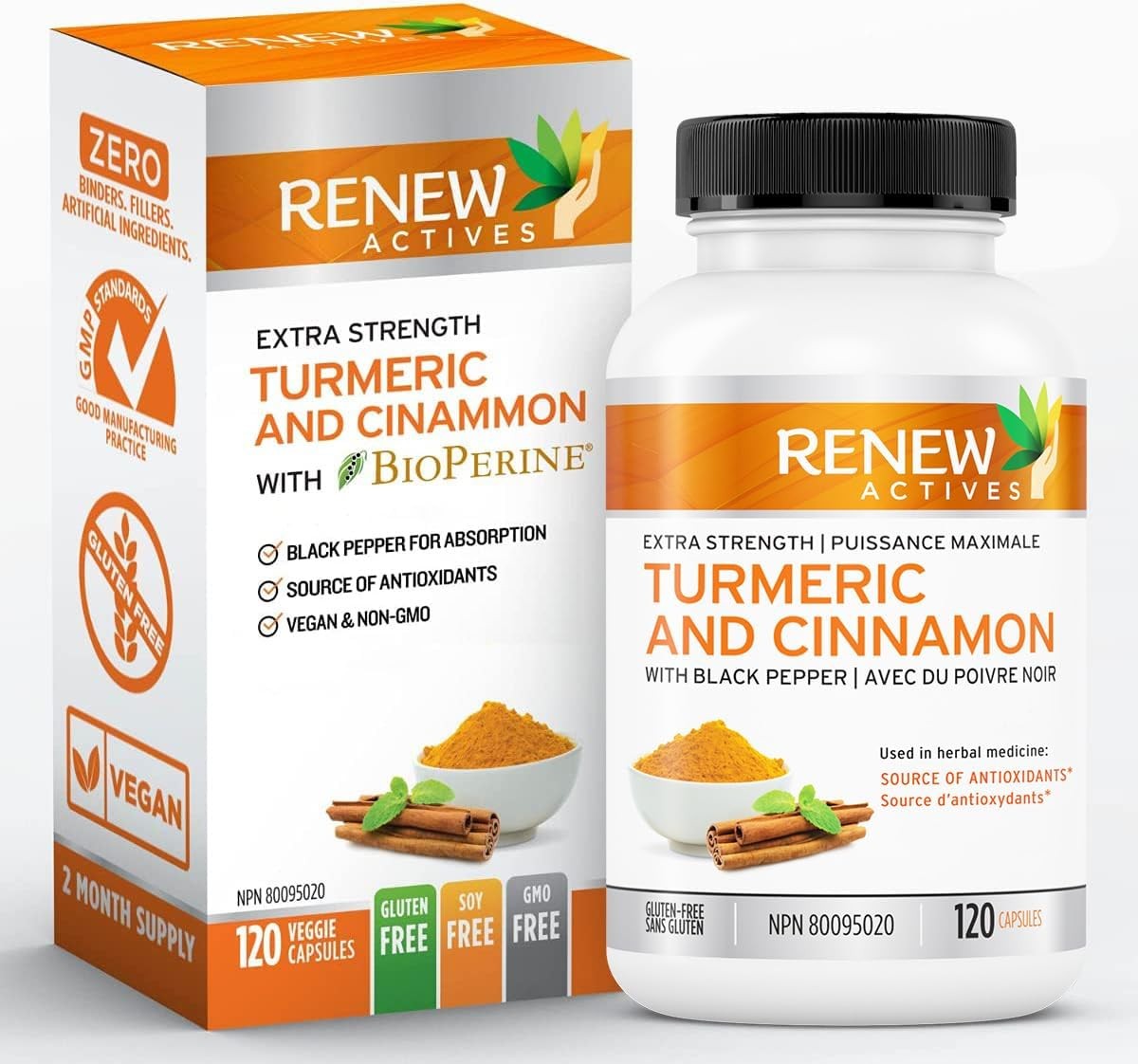 Renew Actives Turmeric Cinnamon Supplement: anti Inflammatory Dietary Supplements for Heart Health, Joint Pain Relief – Turmeric Curcumin and Ceylon Cinnamon with Bioperine Black Pepper – 120 Capsules