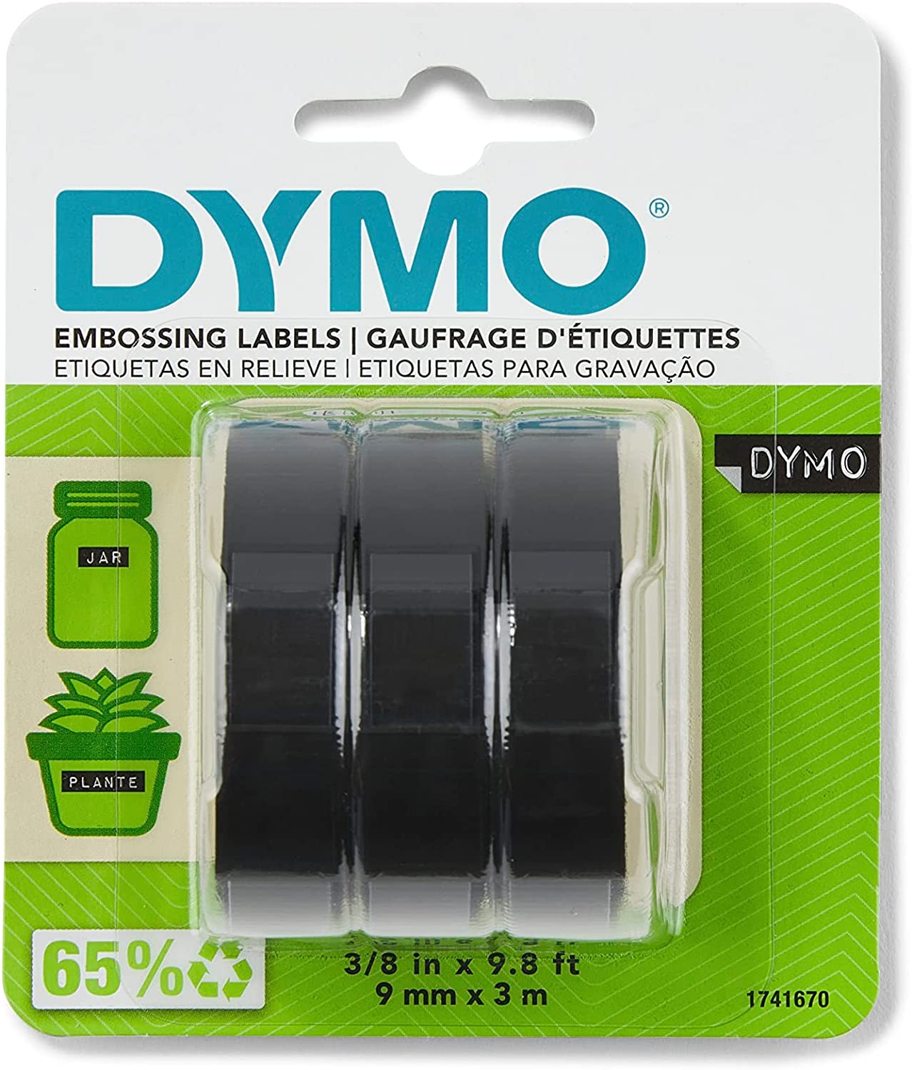 DYMO Embossing Tape, 9Mm X 3M, Black, (Pack of 3)