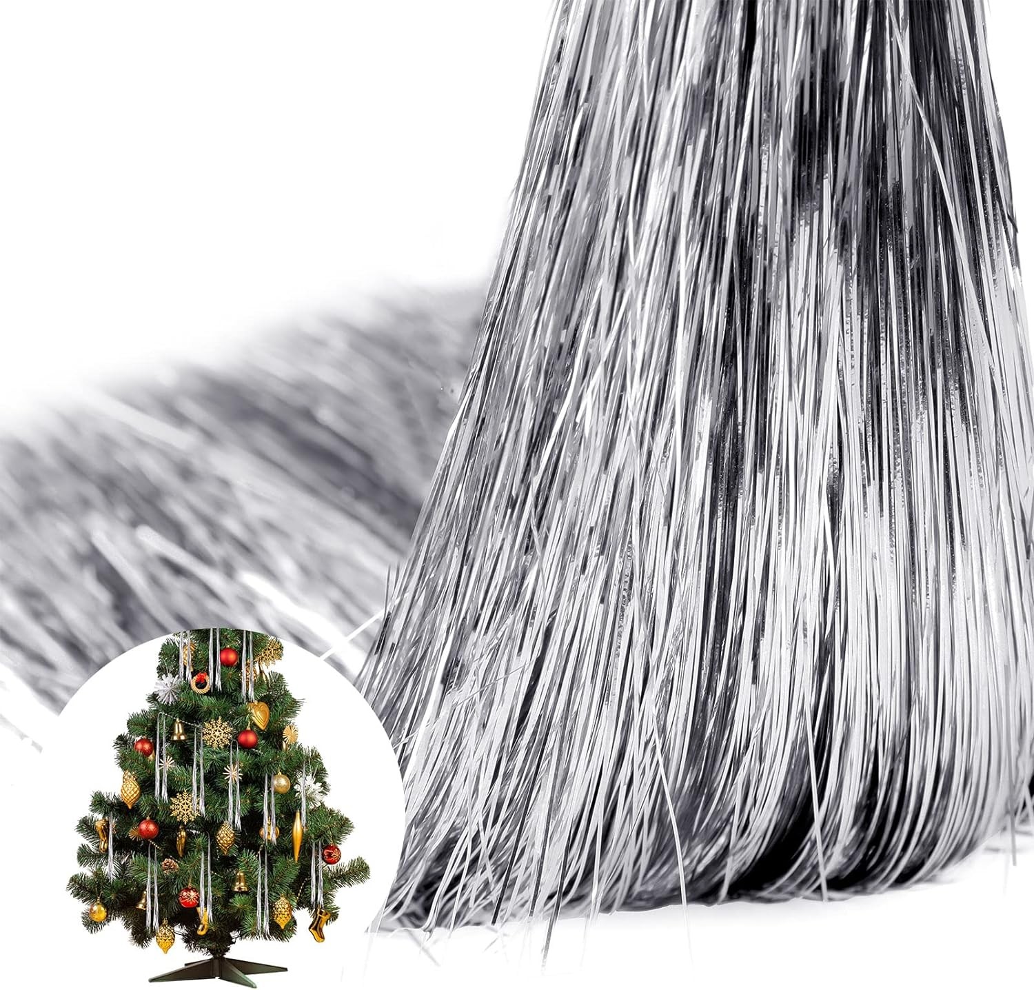 MTLEE 3000 Strands Christmas Tree Decorations Tinsel Garland Iridescent Tinsel Foil Fringe Icicles for Christmas Home Hair Decor Holiday Birthday Graduation Supplies (Silver)