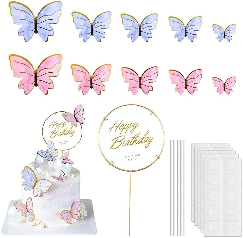 80 Pcs Cake Decorating Butterfly Toppers, Happy Birthday Cake Topper Butterfly Birthday Cake Decorations Cake Butterfly Party Decorations (Purple, Pink)